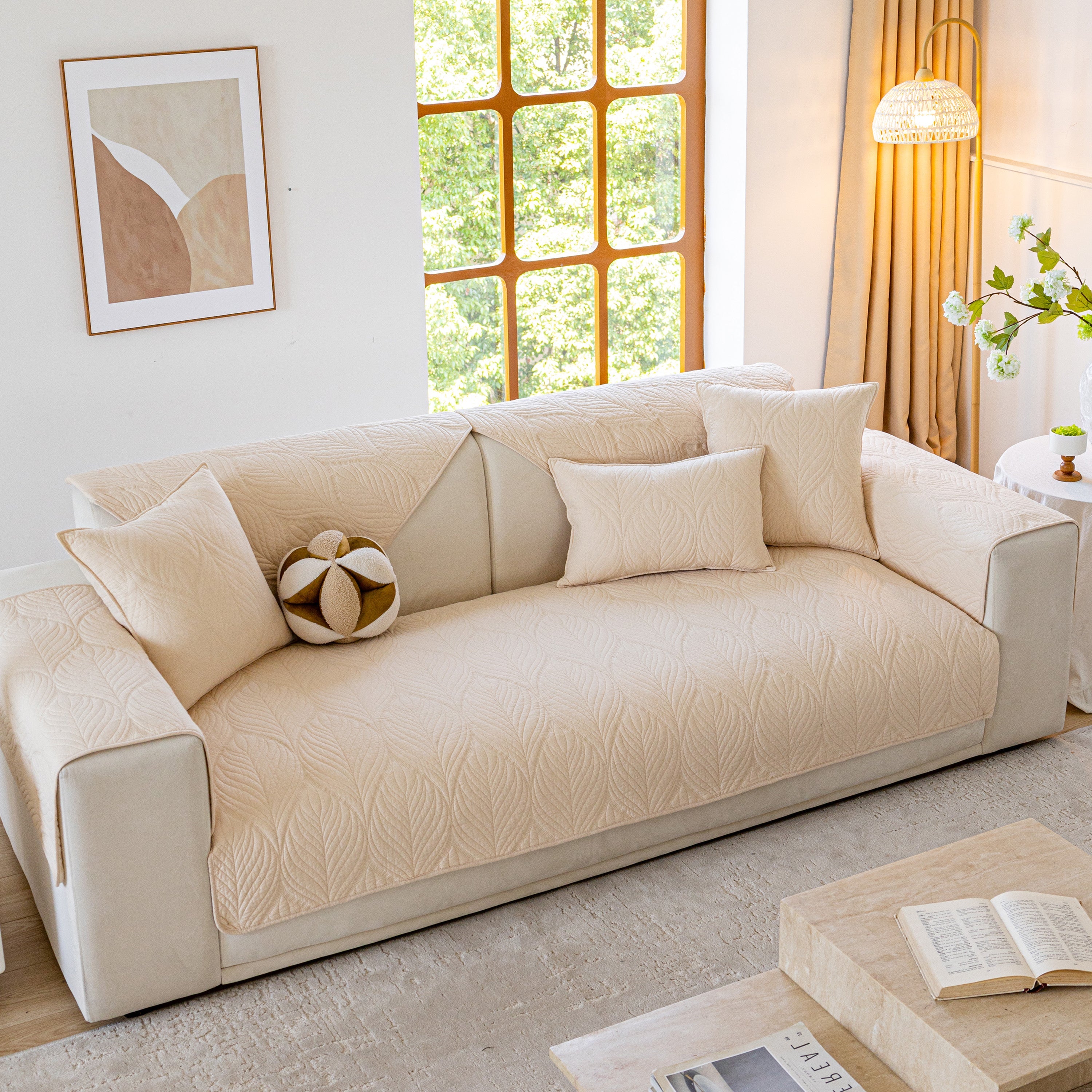 Leaf Vein Textured Cotton Quilted Sofa Slipcover, Non-Slip Modular Couch Covers