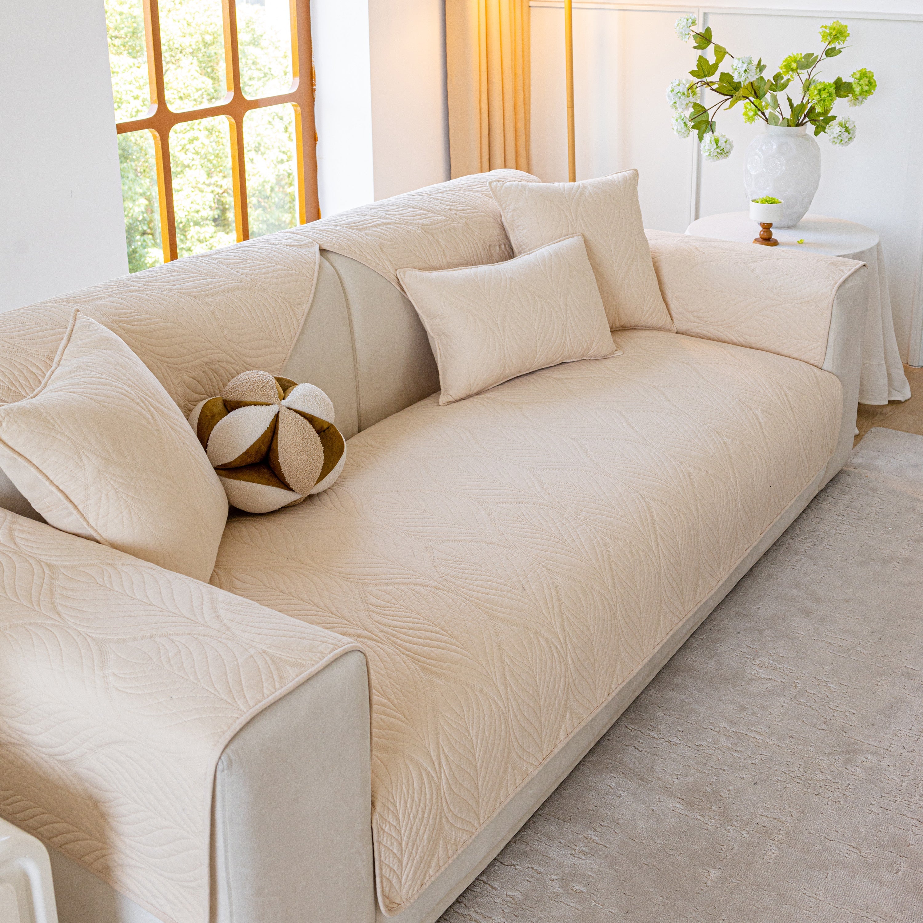 Leaf Vein Textured Cotton Quilted Sofa Slipcover, Non-Slip Modular Couch Covers