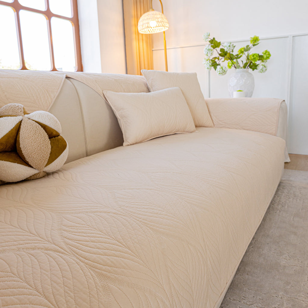 Leaf Vein Textured Cotton Quilted Sofa Slipcover, Non-Slip Modular Couch Covers