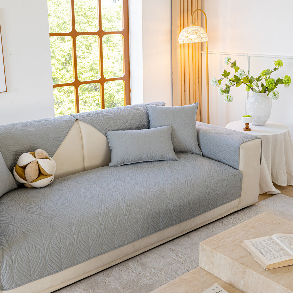 Leaf Vein Textured Cotton Quilted Sofa Slipcover, Non-Slip Modular Couch Covers