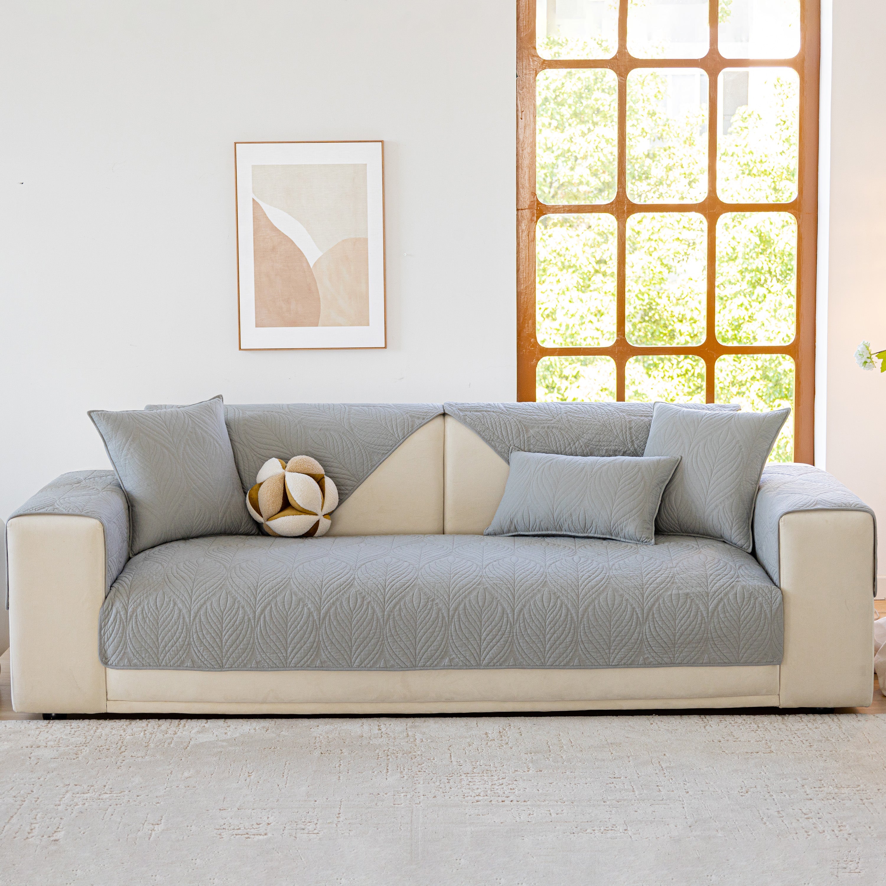 Leaf Vein Textured Cotton Quilted Sofa Slipcover, Non-Slip Modular Couch Covers