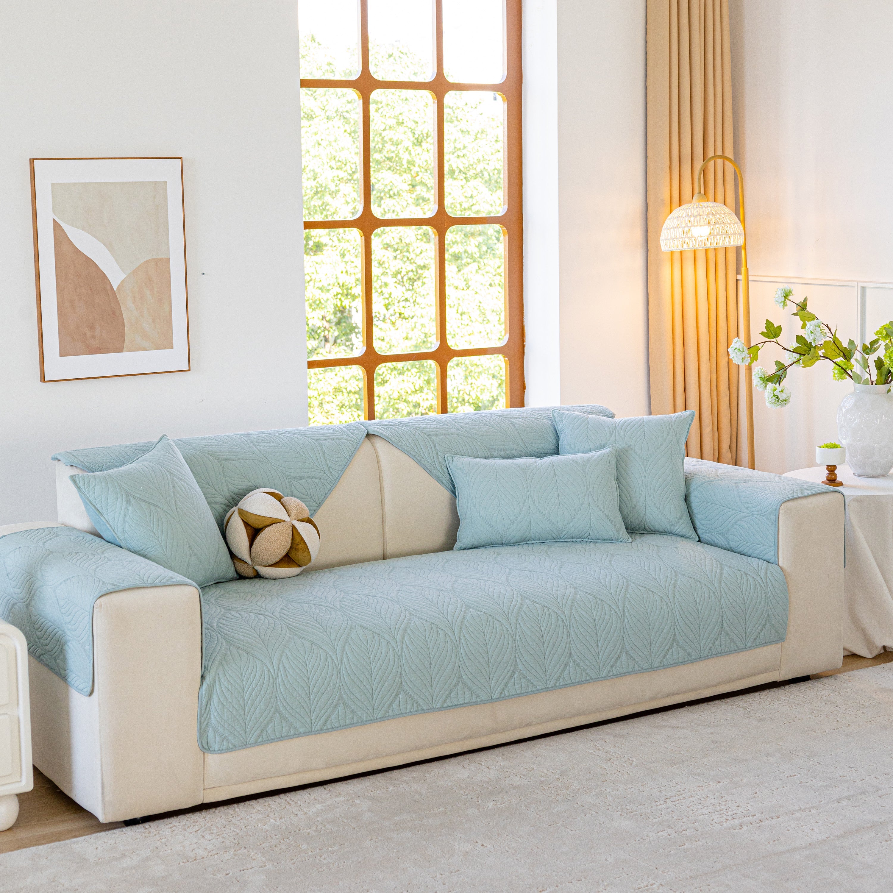 Leaf Vein Textured Cotton Quilted Sofa Slipcover, Non-Slip Modular Couch Covers