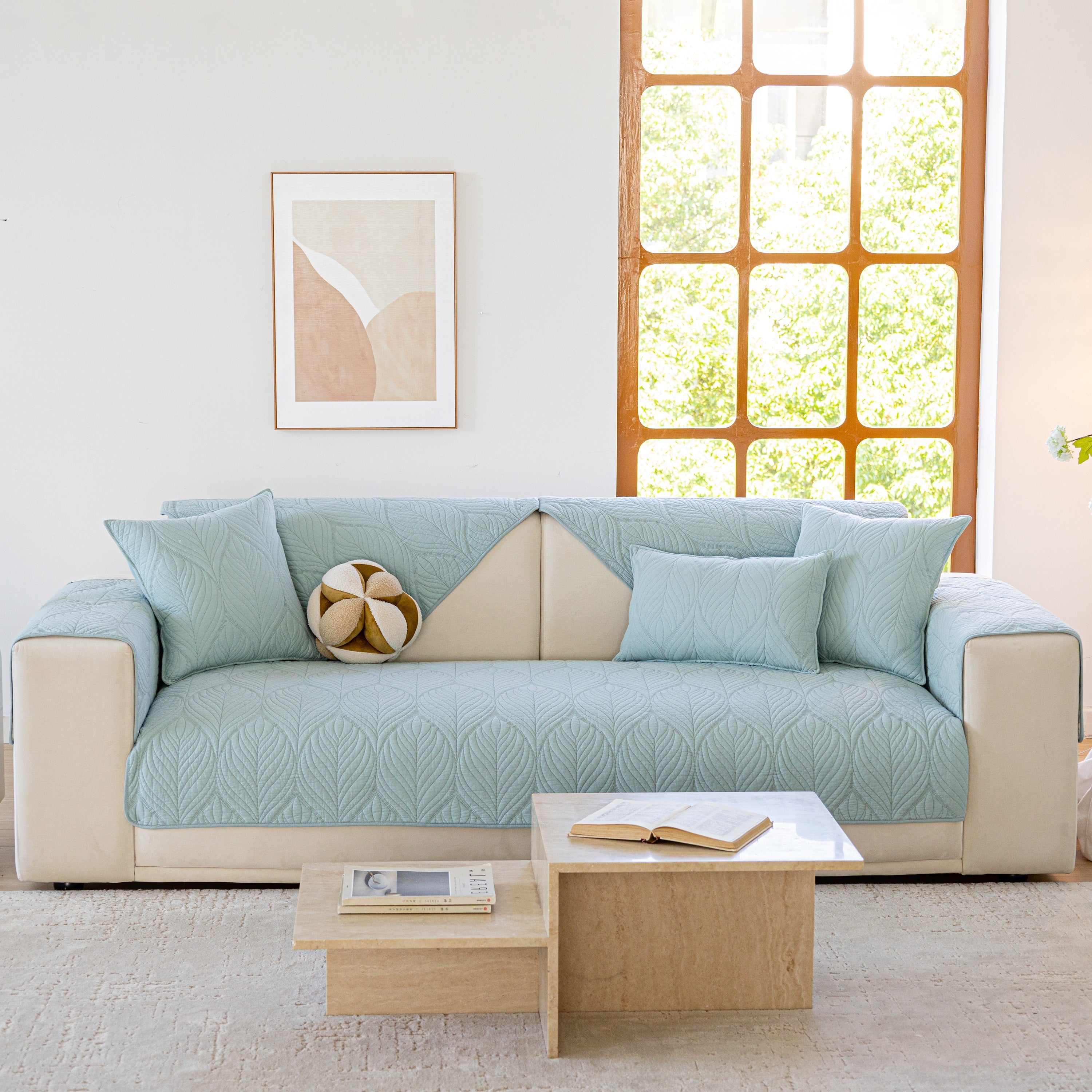 Leaf Vein Textured Cotton Quilted Sofa Slipcover, Non-Slip Modular Couch Covers