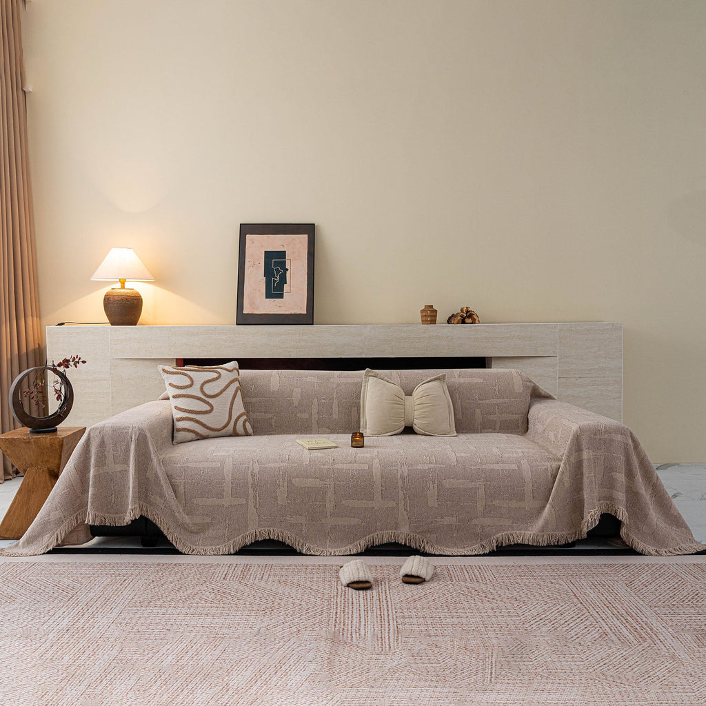Chenille Sofa Cover Throw Blanket, Woven Textured Minimalist Wabi-Sabi Couch Cover