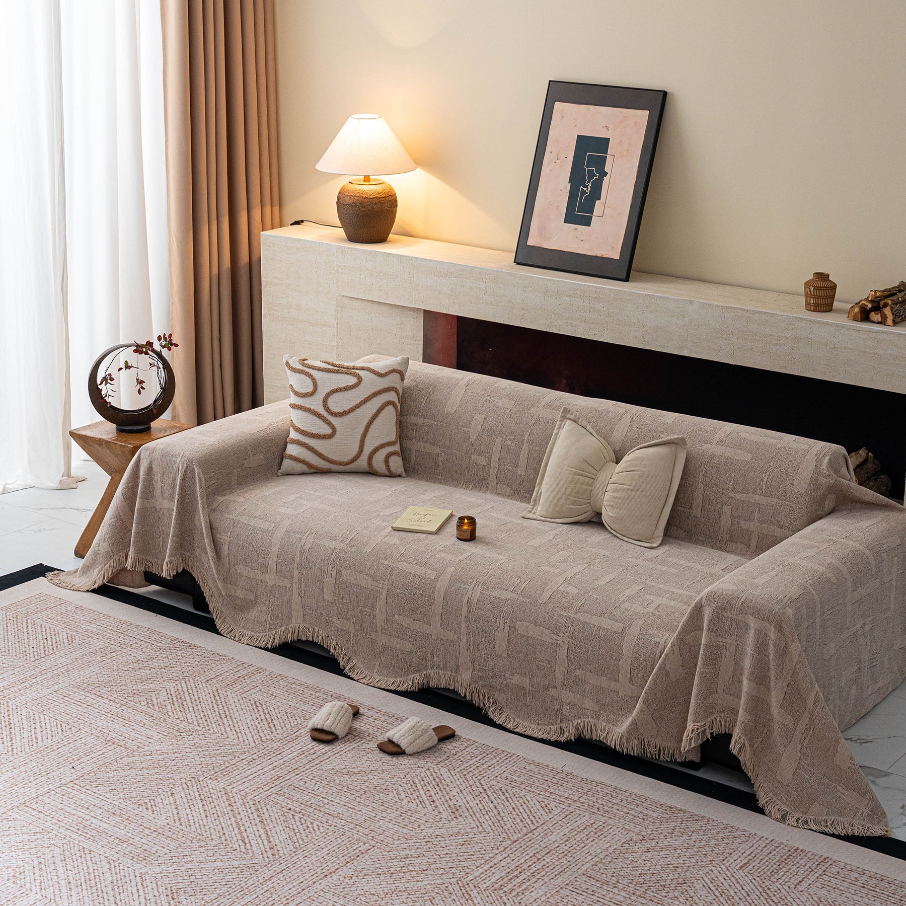 Chenille Sofa Cover Throw Blanket, Woven Textured Minimalist Wabi-Sabi Couch Cover