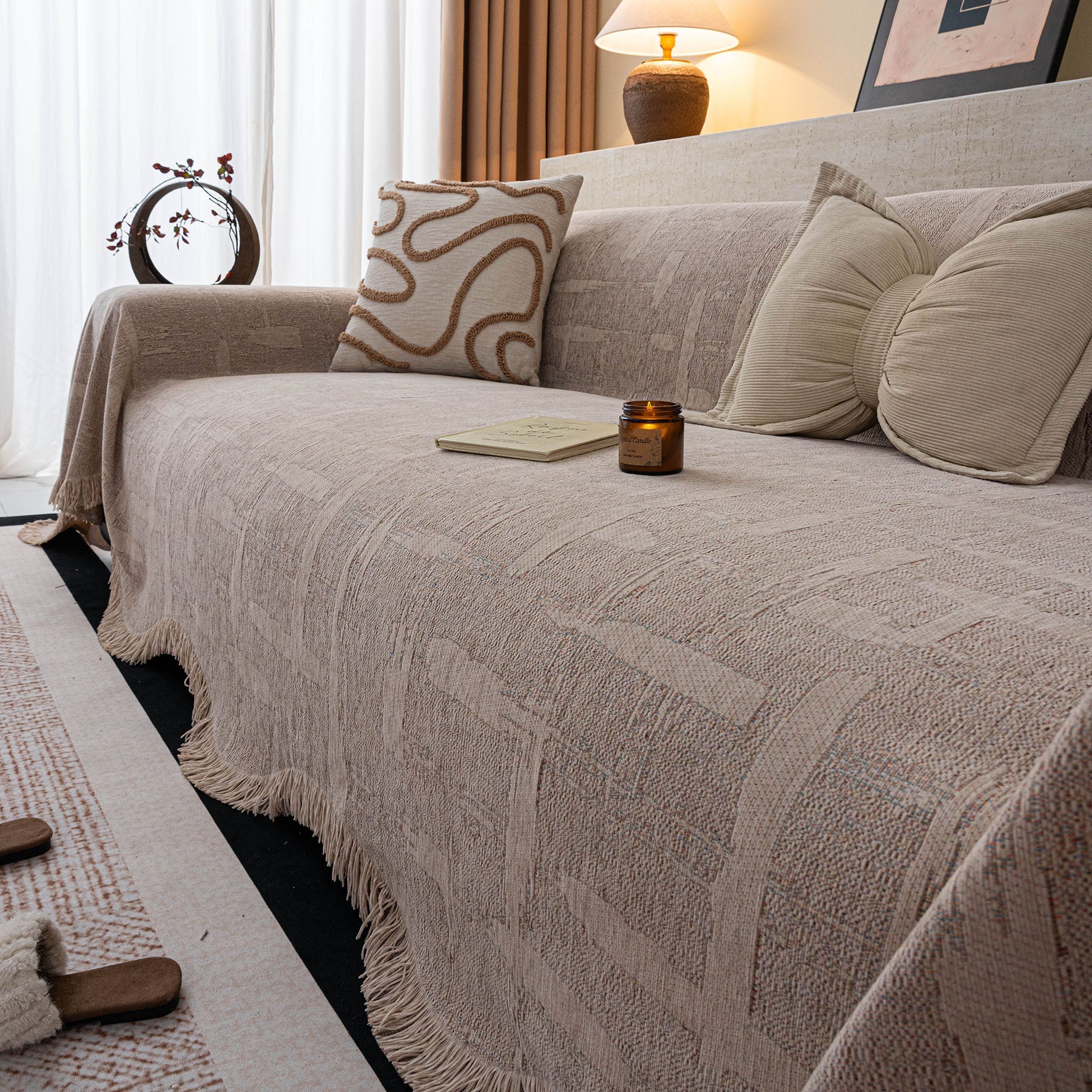 Chenille Sofa Cover Throw Blanket, Woven Textured Minimalist Wabi-Sabi Couch Cover