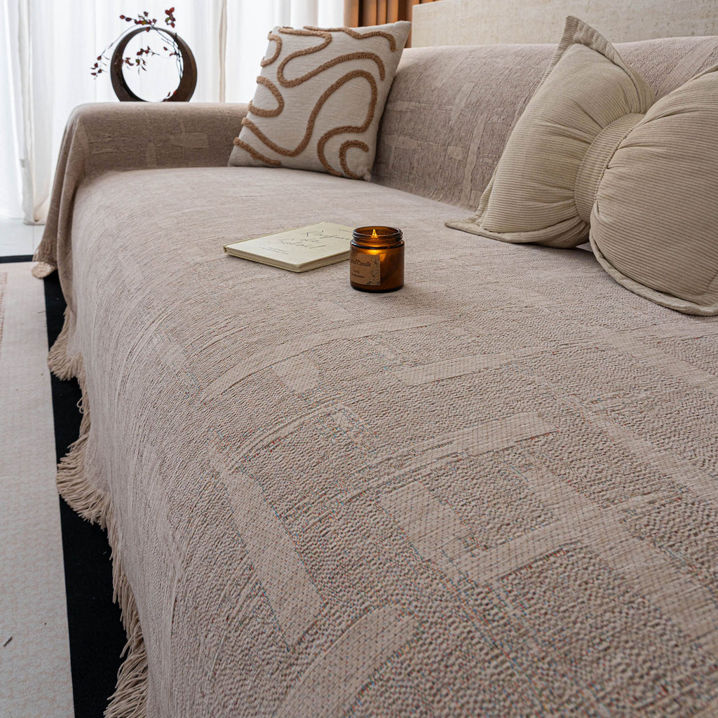 Chenille Sofa Cover Throw Blanket, Woven Textured Minimalist Wabi-Sabi Couch Cover