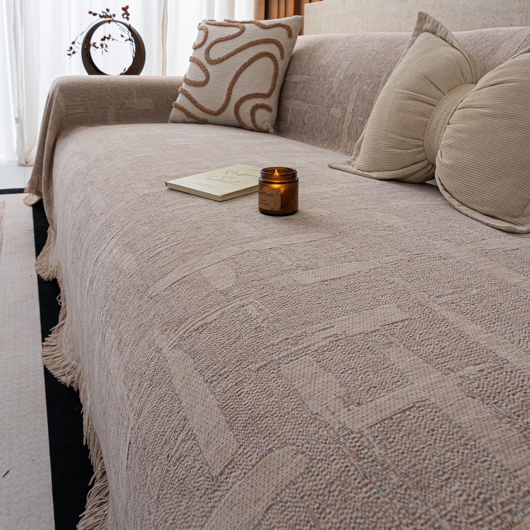 Chenille Sofa Cover Throw Blanket, Woven Textured Minimalist Wabi-Sabi Couch Cover