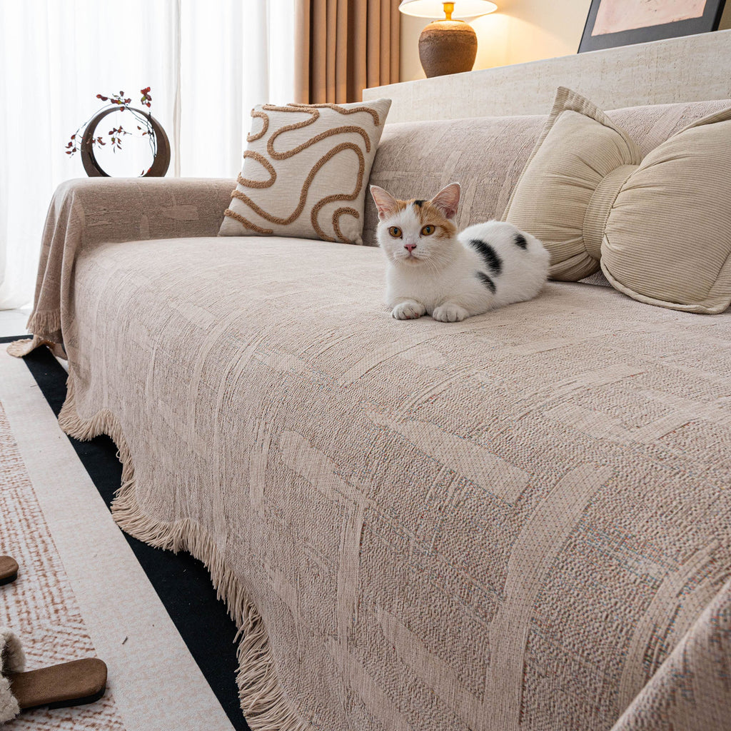 Chenille Sofa Cover Throw Blanket, Woven Textured Minimalist Wabi-Sabi Couch Cover
