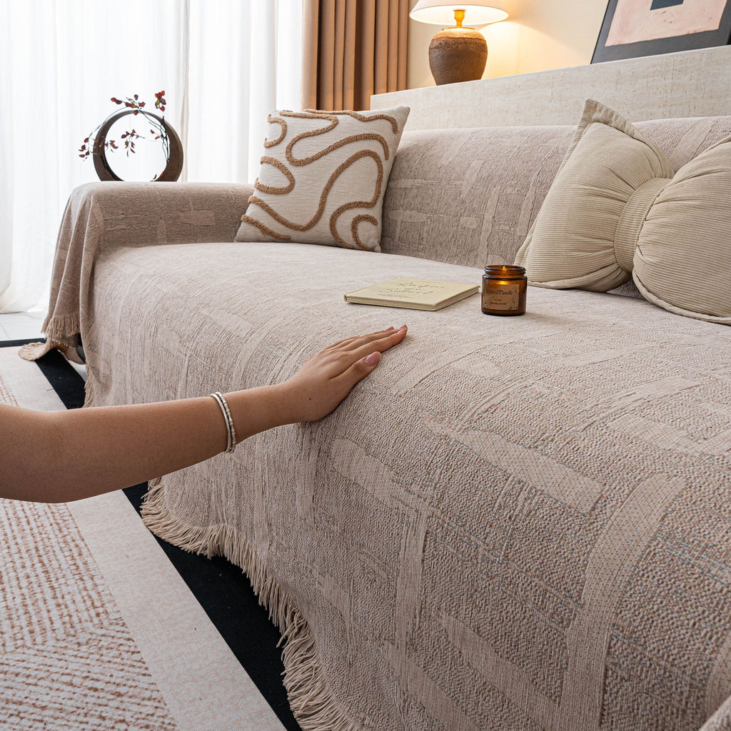 Chenille Sofa Cover Throw Blanket, Woven Textured Minimalist Wabi-Sabi Couch Cover