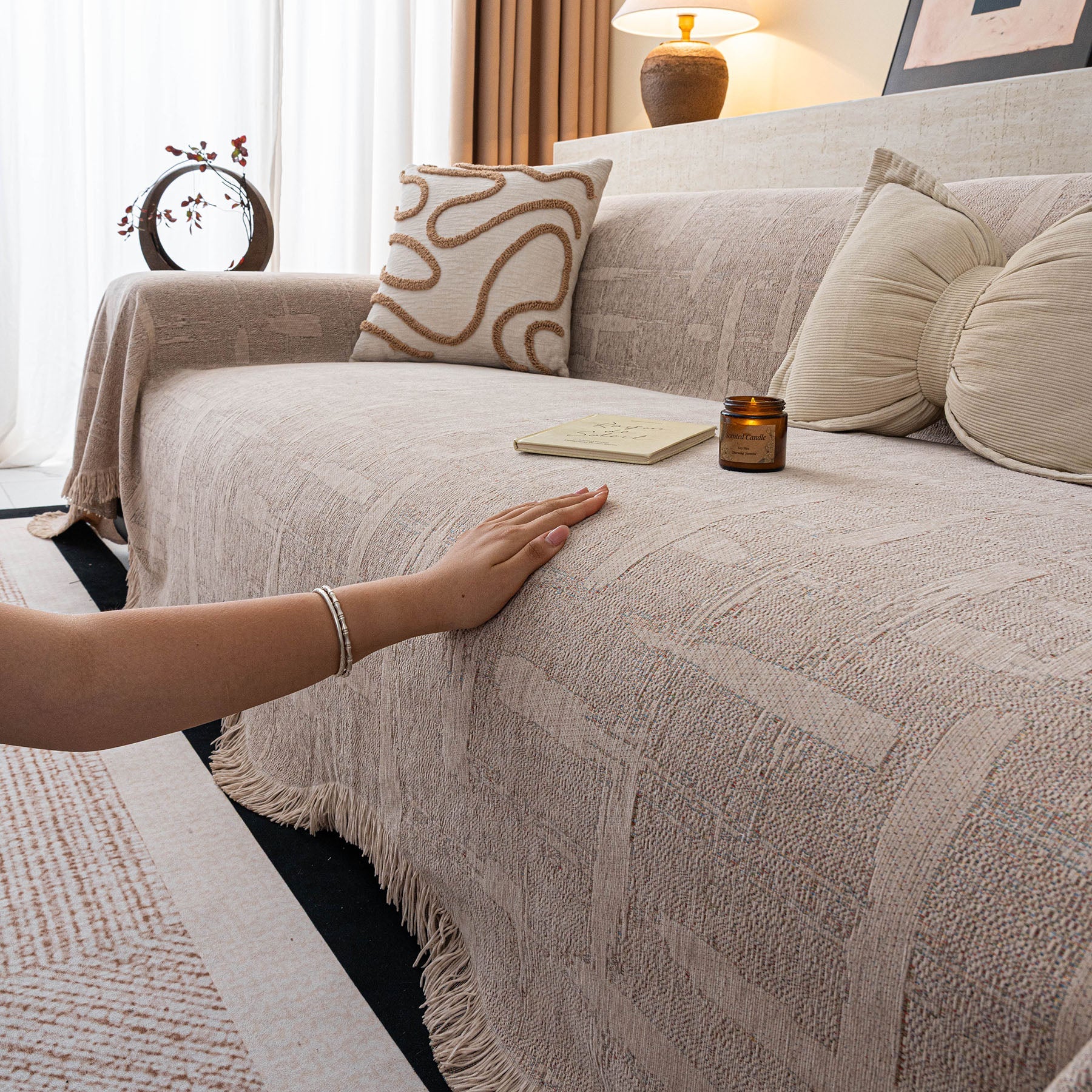Chenille Sofa Cover Throw Blanket, Woven Textured Minimalist Wabi-Sabi Couch Cover