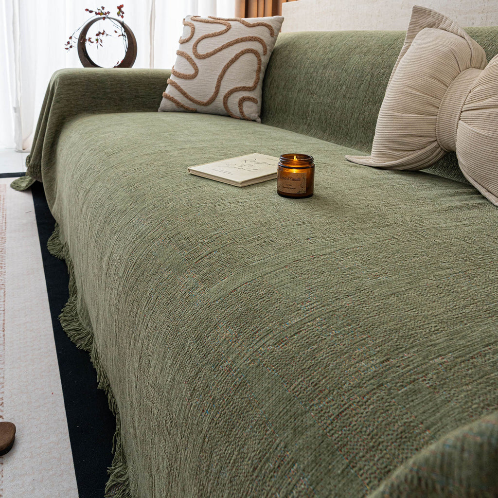 Chenille Sofa Cover Throw Blanket, Woven Textured Minimalist Wabi-Sabi Couch Cover