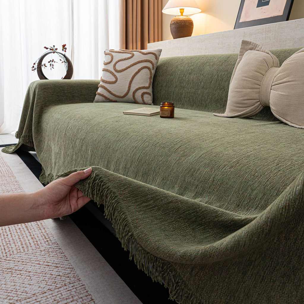 Chenille Sofa Cover Throw Blanket, Woven Textured Minimalist Wabi-Sabi Couch Cover