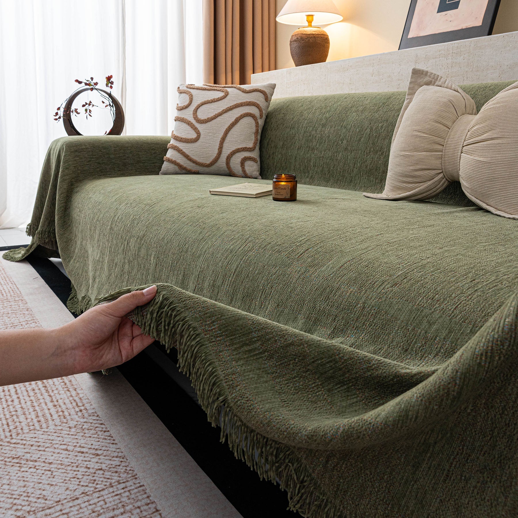 Chenille Sofa Cover Throw Blanket, Woven Textured Minimalist Wabi-Sabi Couch Cover