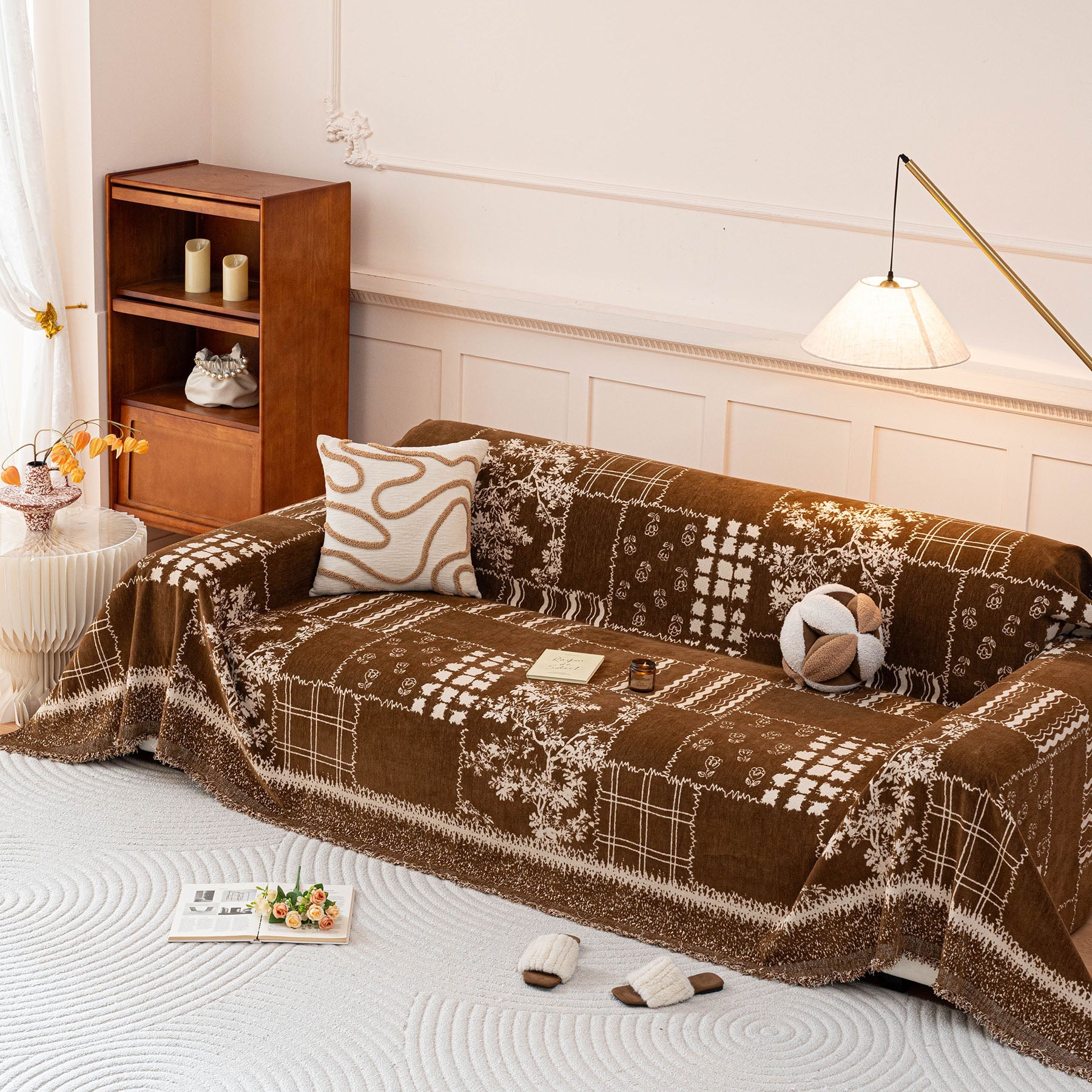Vintage Patchwork Floral Plaid Pattern Couch Cover, Boho Farmhouse Furniture Protector