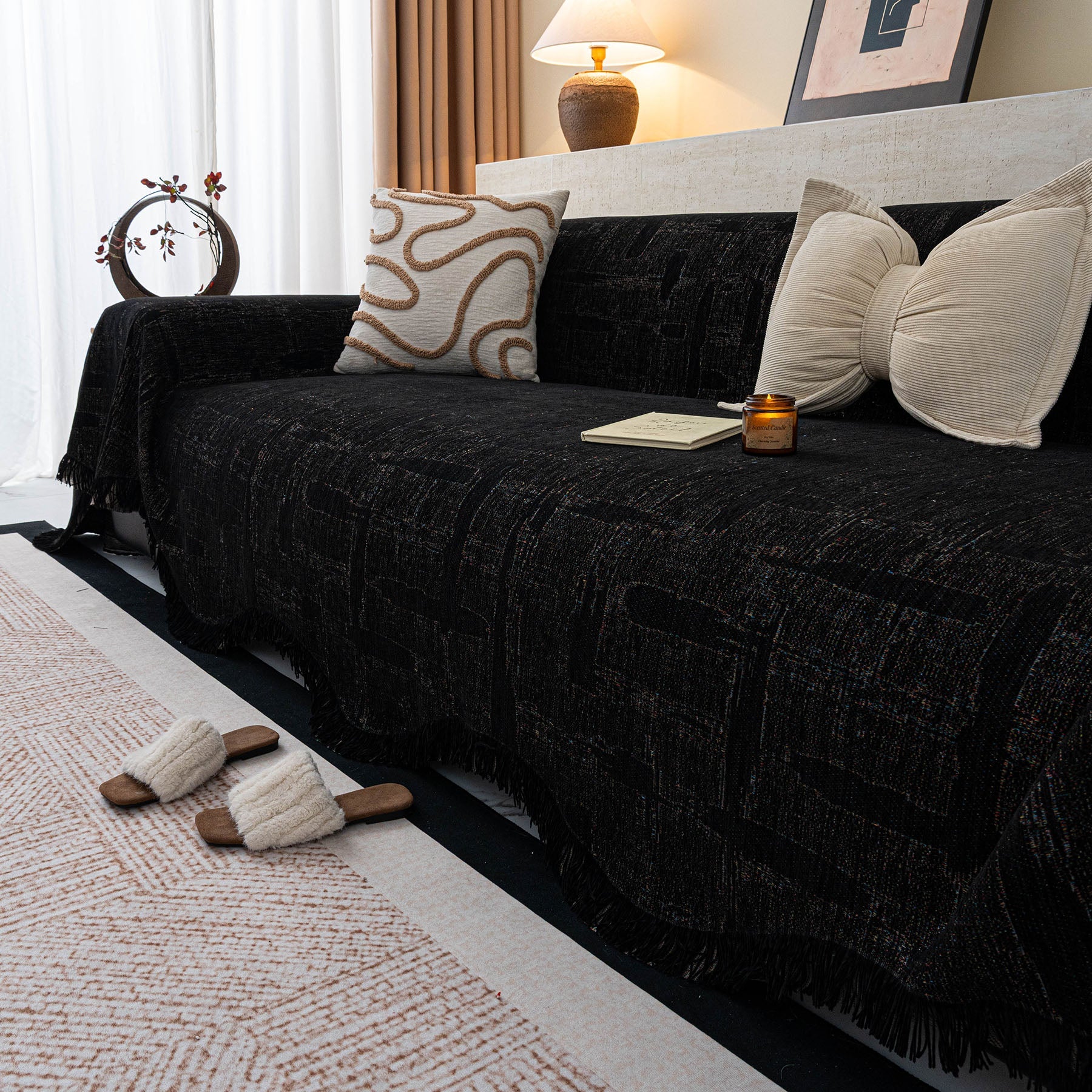 Chenille Sofa Cover Throw Blanket, Woven Textured Minimalist Wabi-Sabi Couch Cover