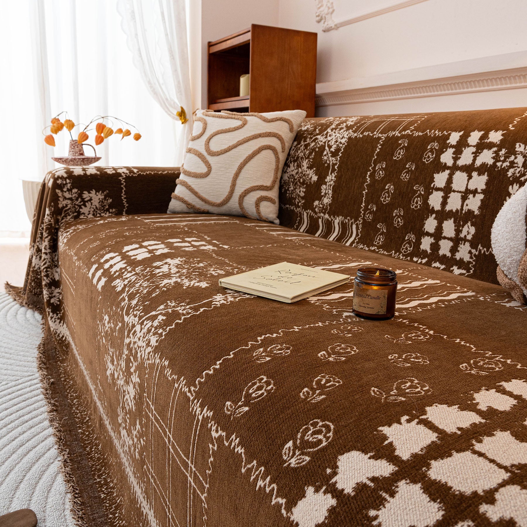 Vintage Patchwork Floral Plaid Pattern Couch Cover, Boho Farmhouse Furniture Protector