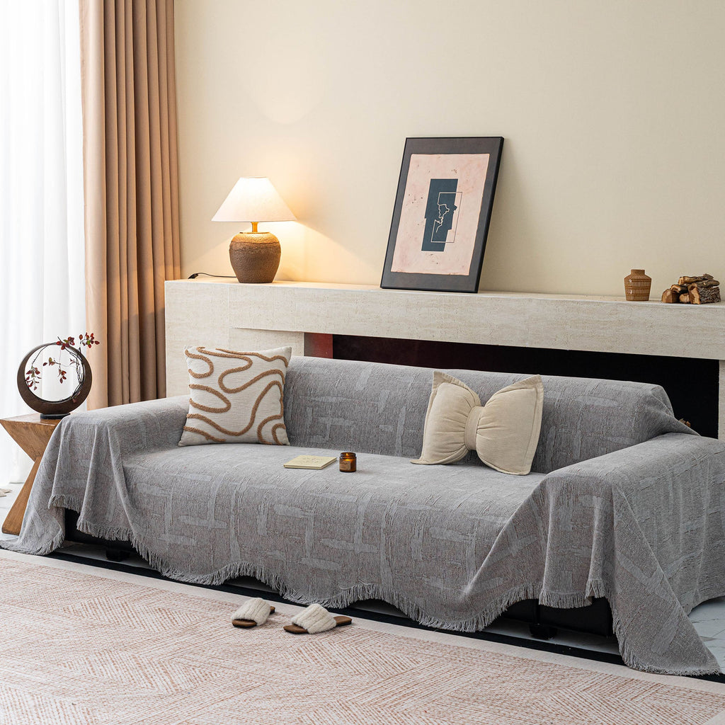 Chenille Sofa Cover Throw Blanket, Woven Textured Minimalist Wabi-Sabi Couch Cover