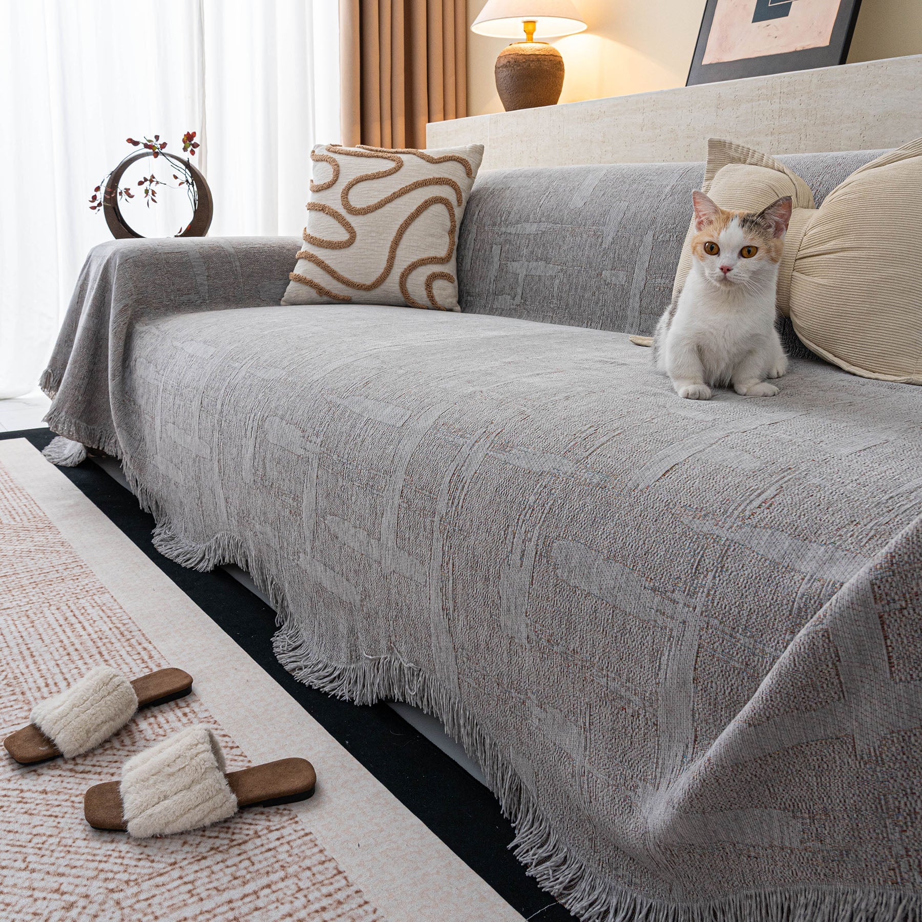 Chenille Sofa Cover Throw Blanket, Woven Textured Minimalist Wabi-Sabi Couch Cover