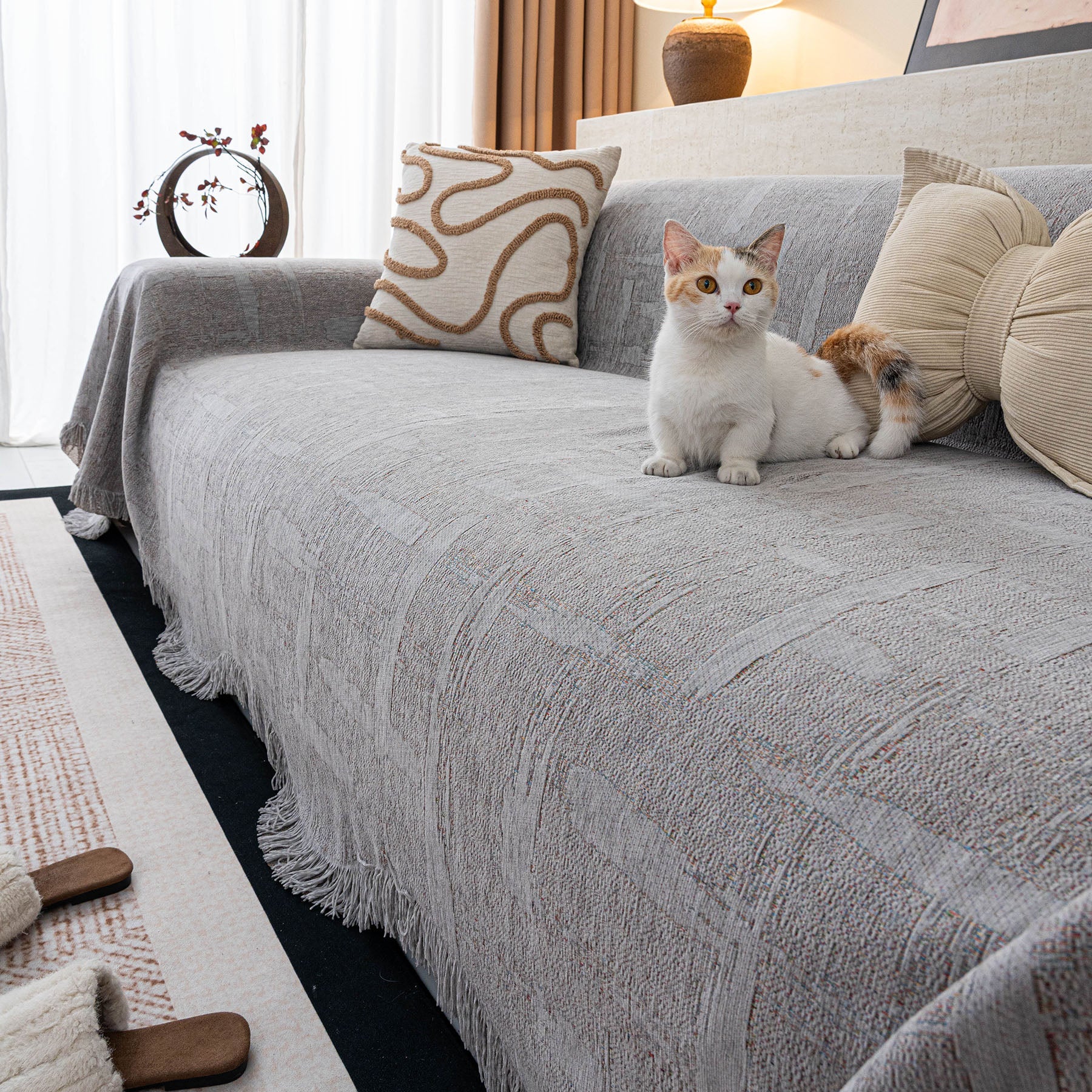 Chenille Sofa Cover Throw Blanket, Woven Textured Minimalist Wabi-Sabi Couch Cover
