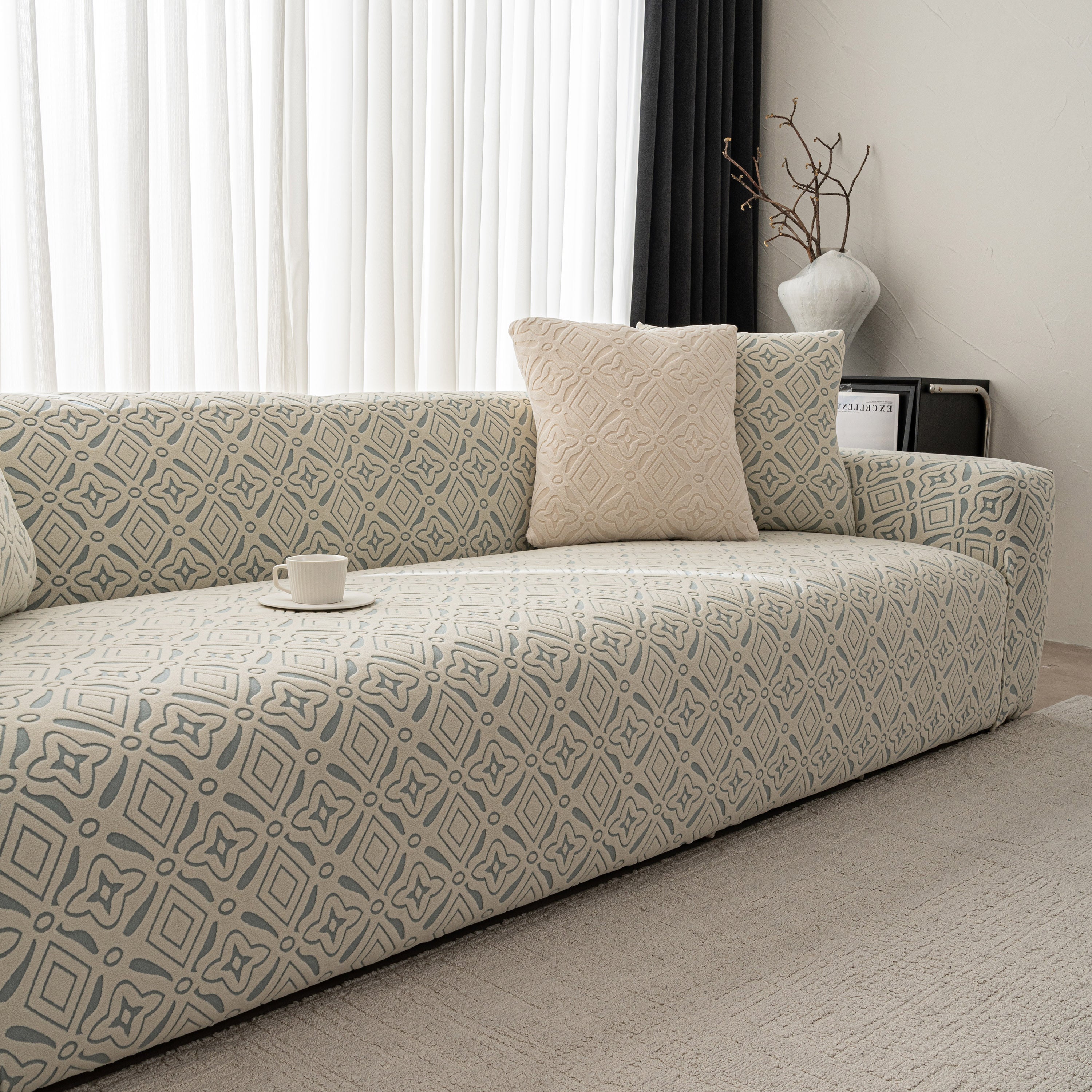 3D Jacquard Geometric Sofa Cover, High Stretch Soft Polar Fleece Slipcover for Couch