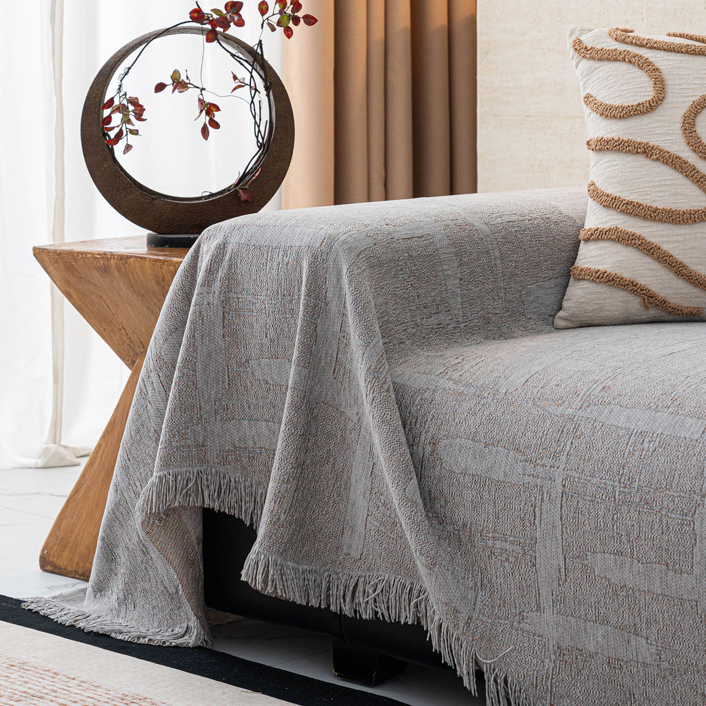 Chenille Sofa Cover Throw Blanket, Woven Textured Minimalist Wabi-Sabi Couch Cover
