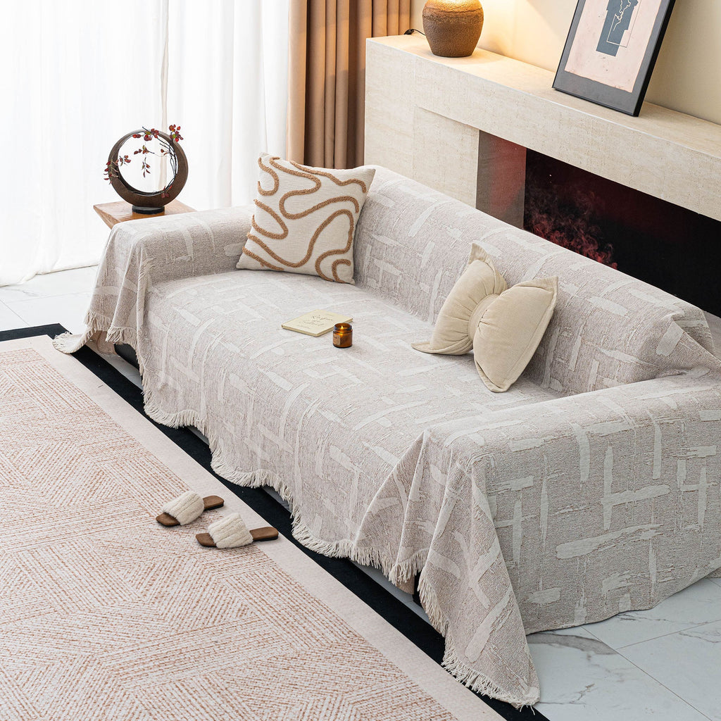 Chenille Sofa Cover Throw Blanket, Woven Textured Minimalist Wabi-Sabi Couch Cover
