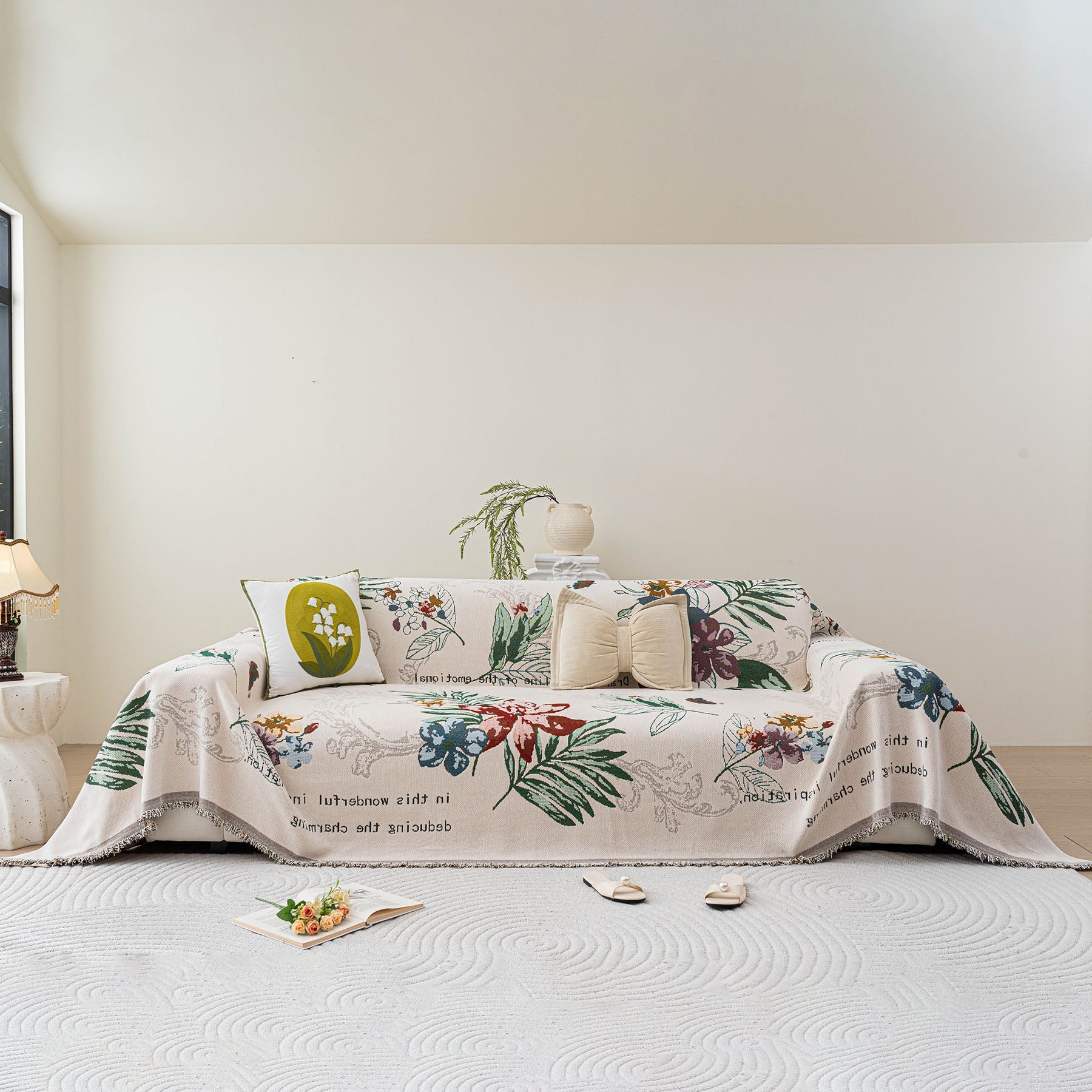 Floral Botanical Butterfly Soft Woven Couch Cover, Boho Cottagecore Sofa Cover Throw