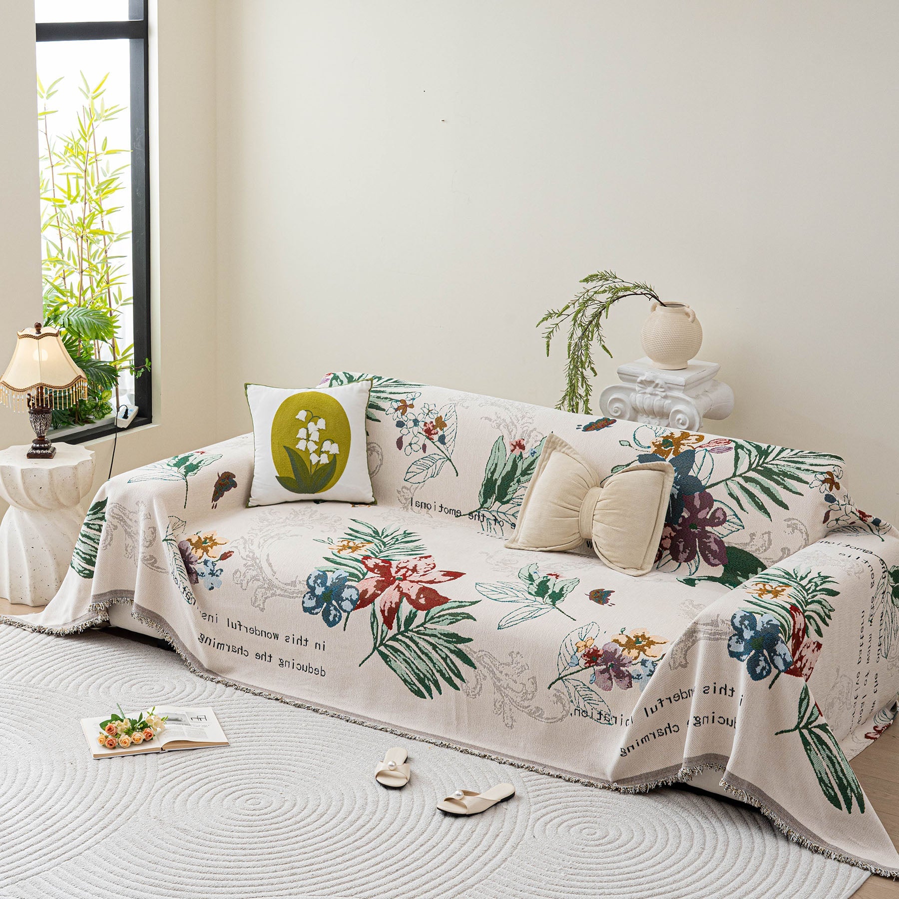 Floral Botanical Butterfly Soft Woven Couch Cover, Boho Cottagecore Sofa Cover Throw
