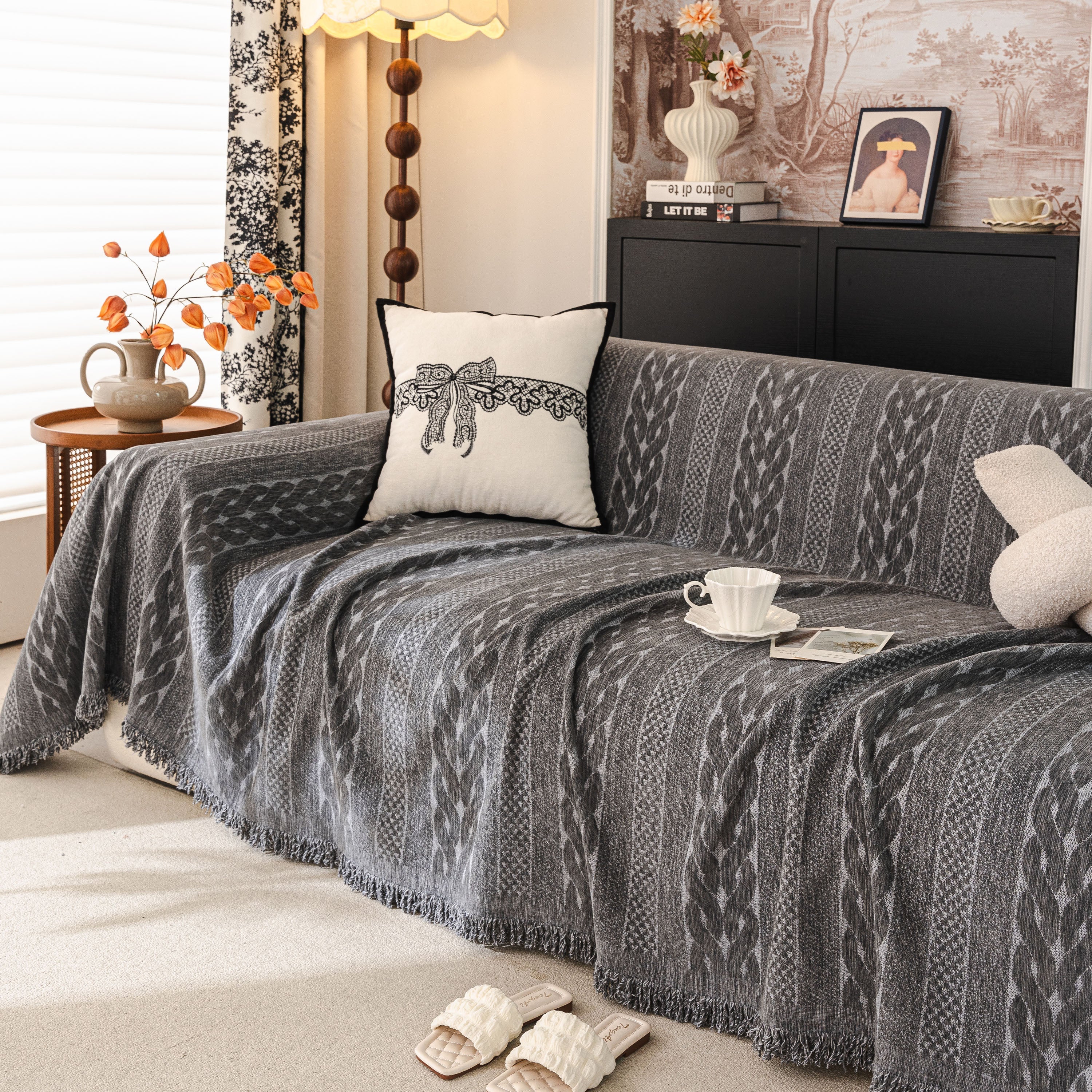 Sofa Cover Blanket Throw with Tassels, Decorative Furniture Protector for Dogs/Pets
