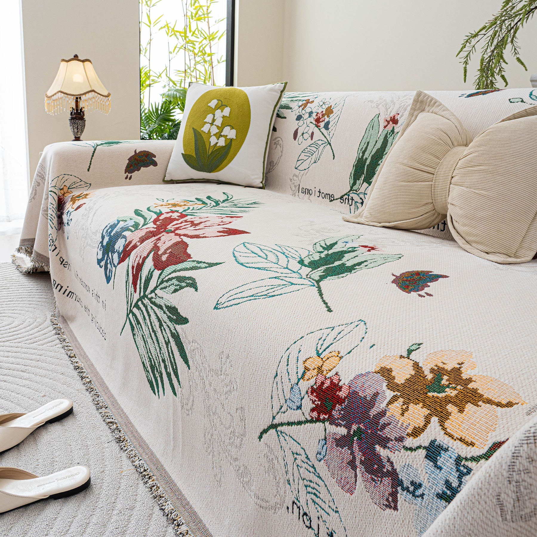 Floral Botanical Butterfly Soft Woven Couch Cover, Boho Cottagecore Sofa Cover Throw