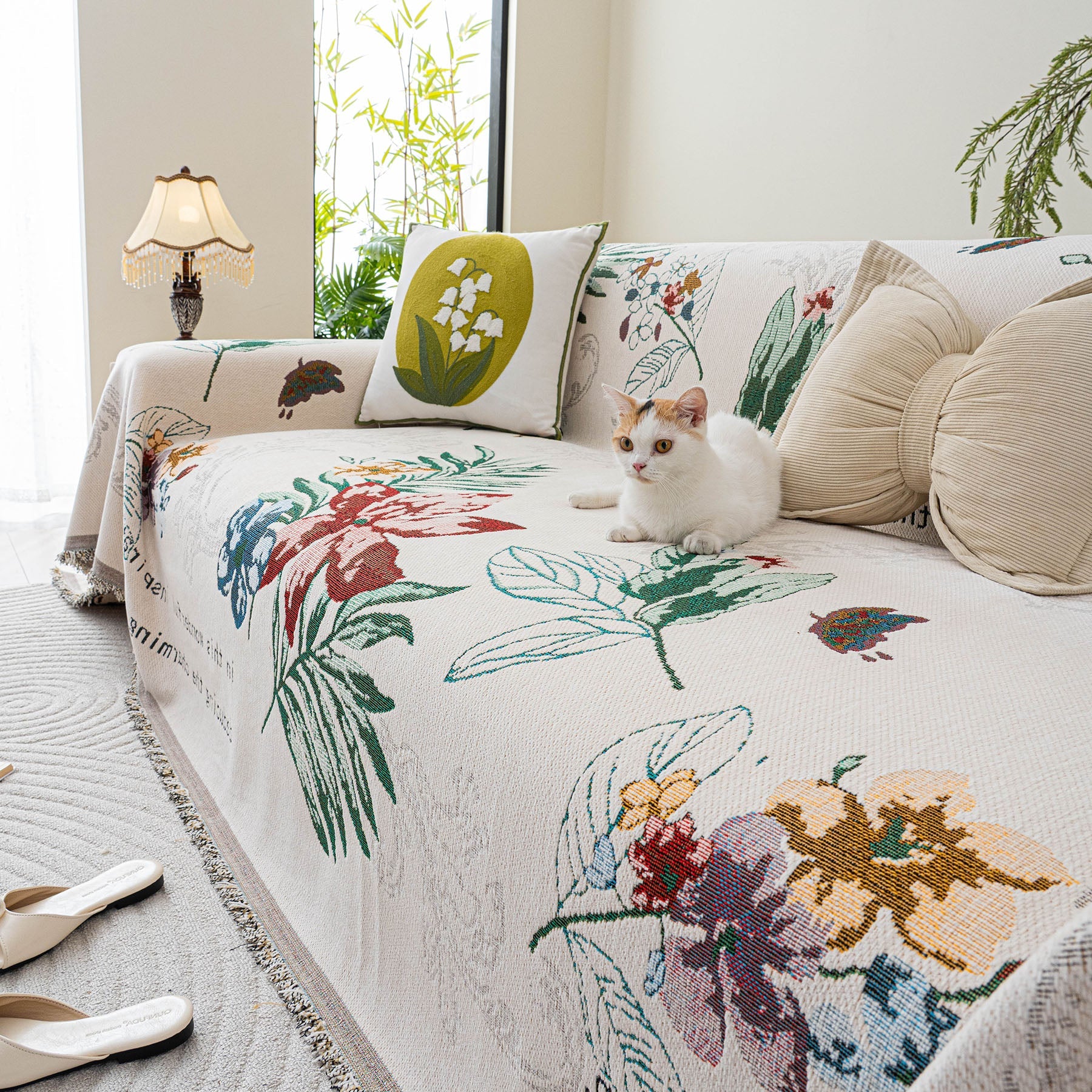 Floral Botanical Butterfly Soft Woven Couch Cover, Boho Cottagecore Sofa Cover Throw