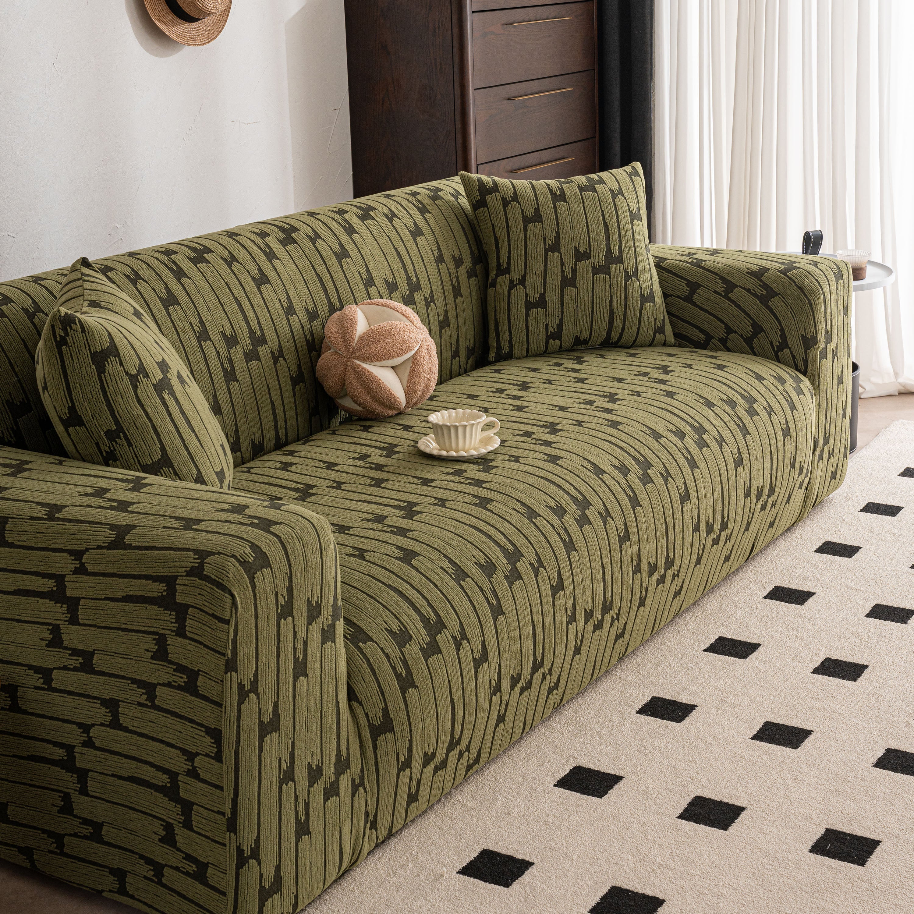 Plush Fleece Stretch Sofa Cover, Super Soft Textured Geometric Couch Slipcover