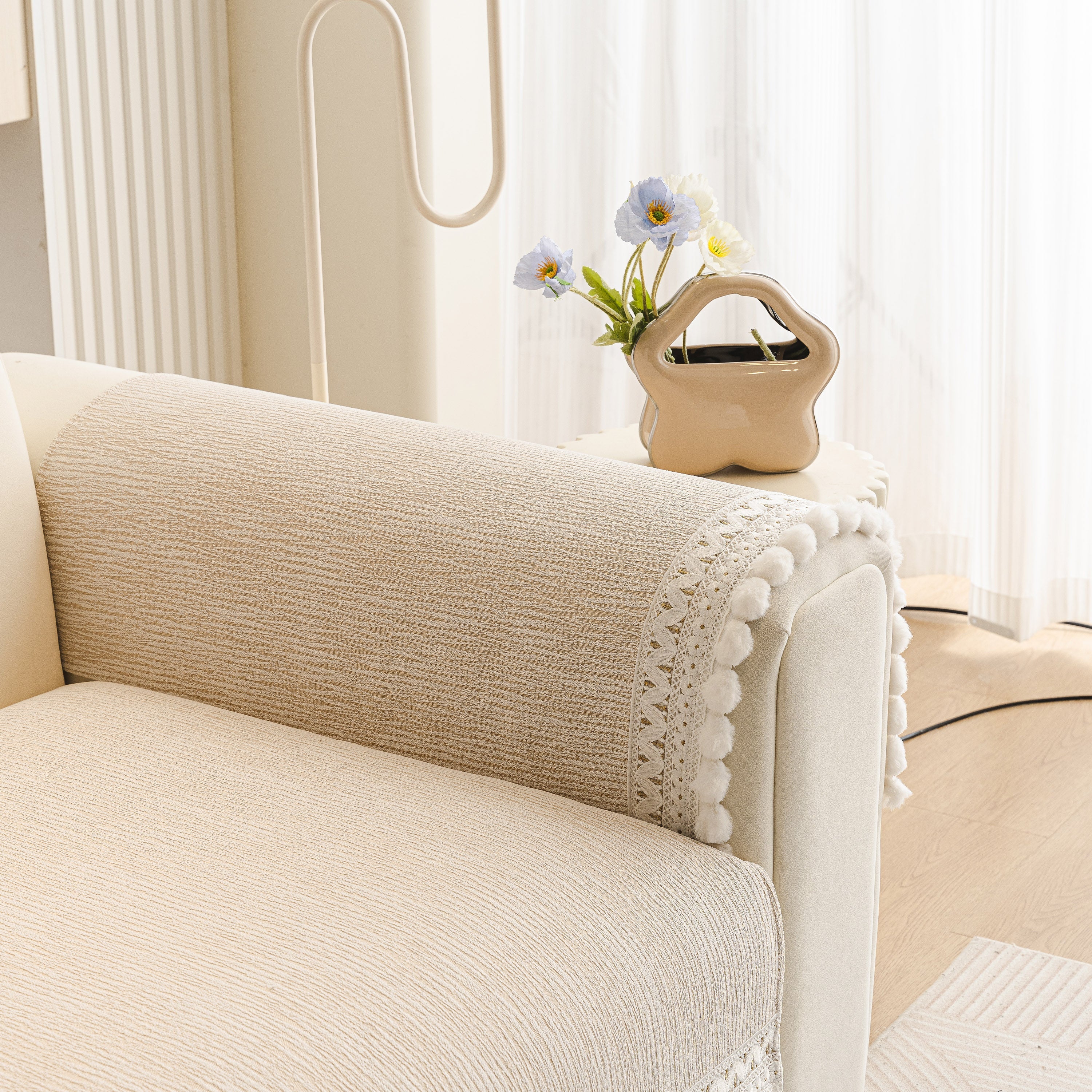 Soft Chenille Sectional Sofa Cover with Pom Pom Trim – Non-Slip Couch Protector