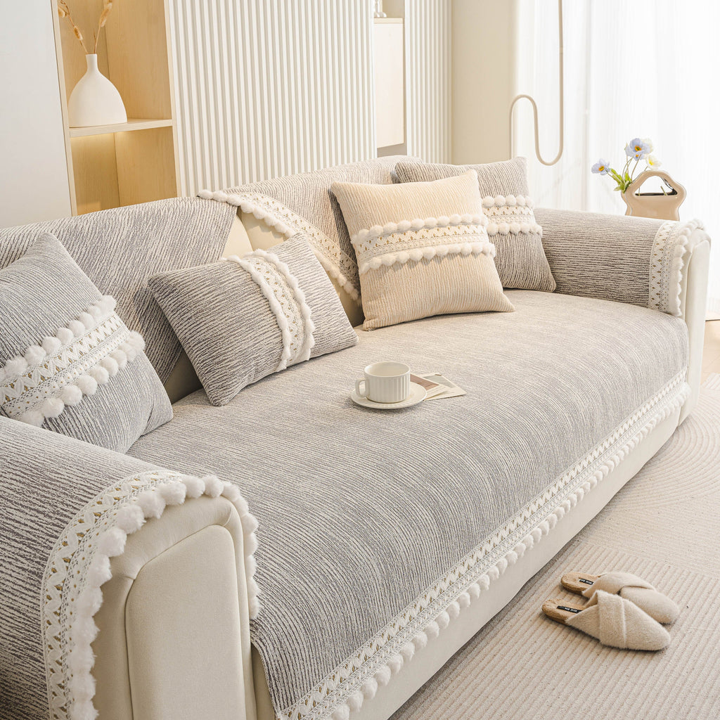 Soft Chenille Sectional Sofa Cover with Pom Pom Trim – Non-Slip Couch Protector