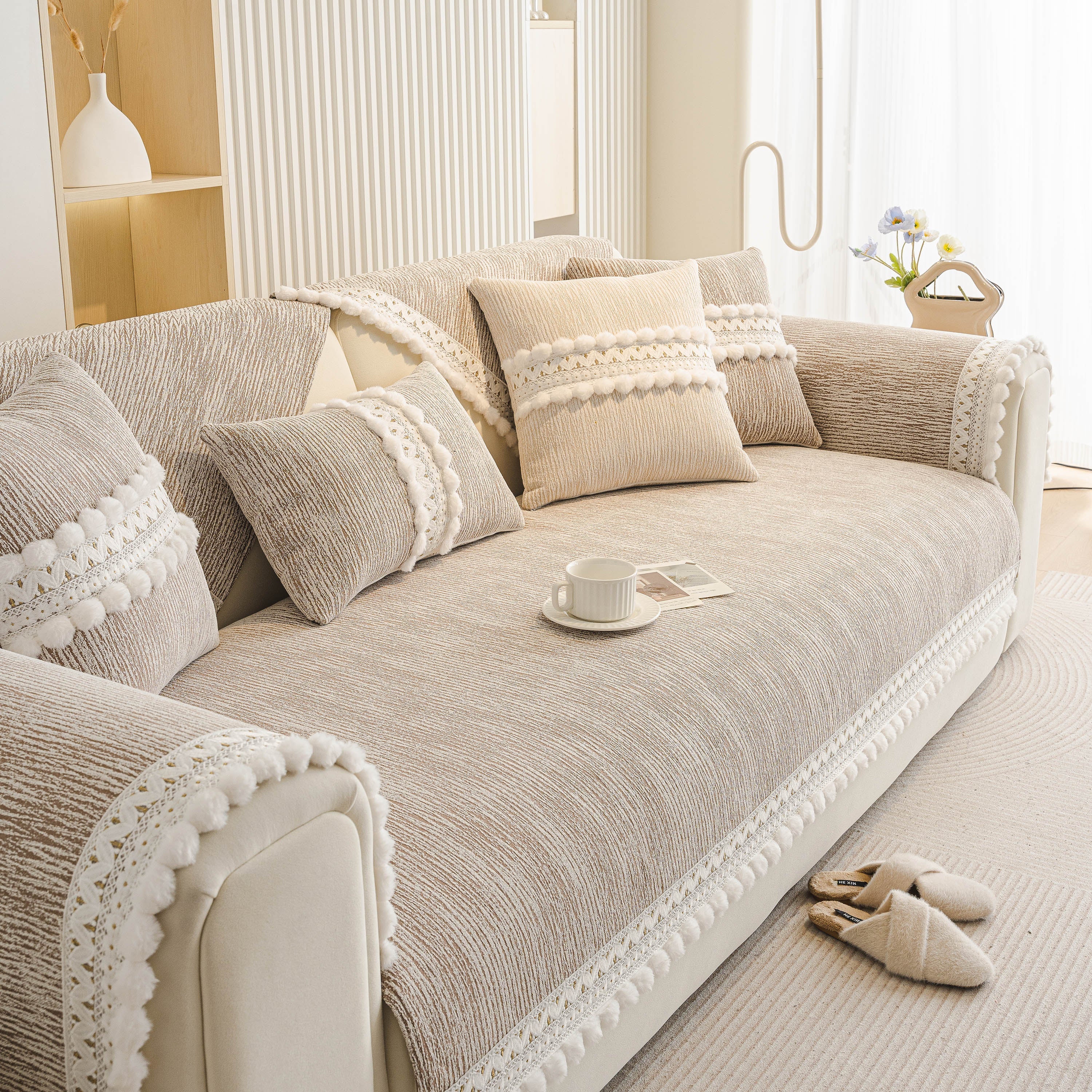 Soft Chenille Sectional Sofa Cover with Pom Pom Trim – Non-Slip Couch Protector