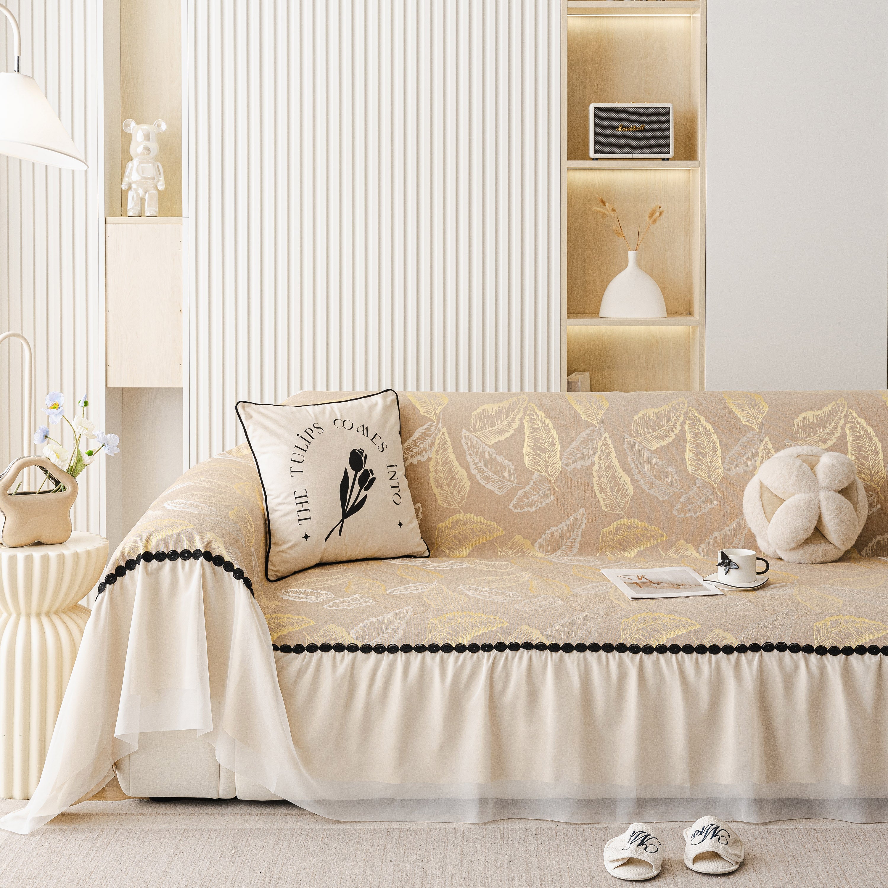 Leaf Jacquard Sofa Cover with Ruffle Skirt – Non-Slip Couch Protector with Sheer Hem