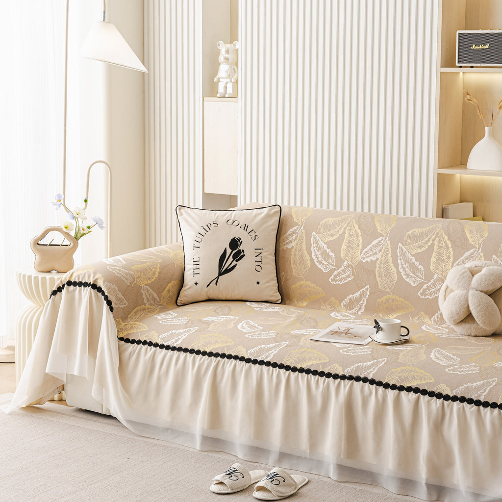 Leaf Jacquard Sofa Cover with Ruffle Skirt – Non-Slip Couch Protector with Sheer Hem