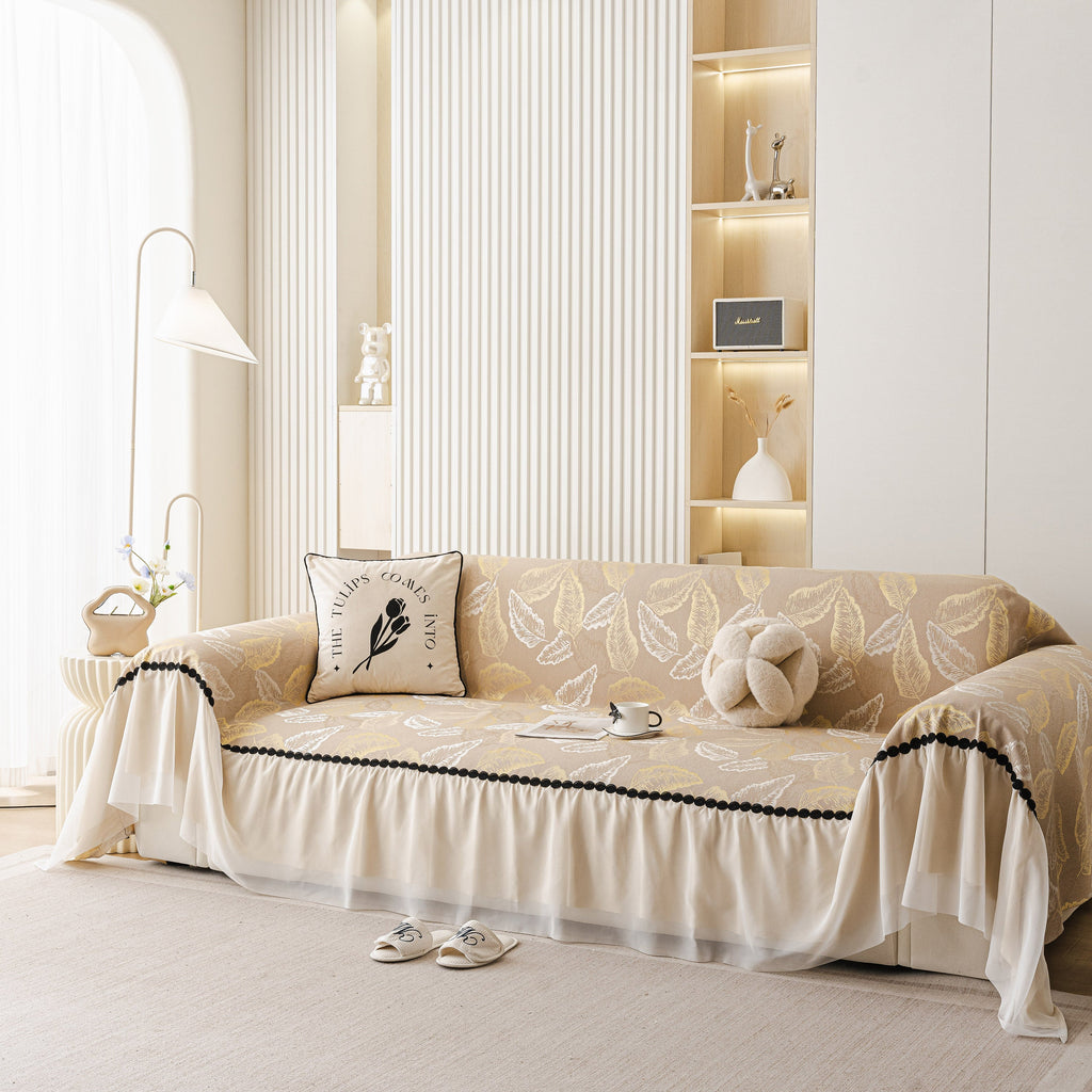 Leaf Jacquard Sofa Cover with Ruffle Skirt – Non-Slip Couch Protector with Sheer Hem