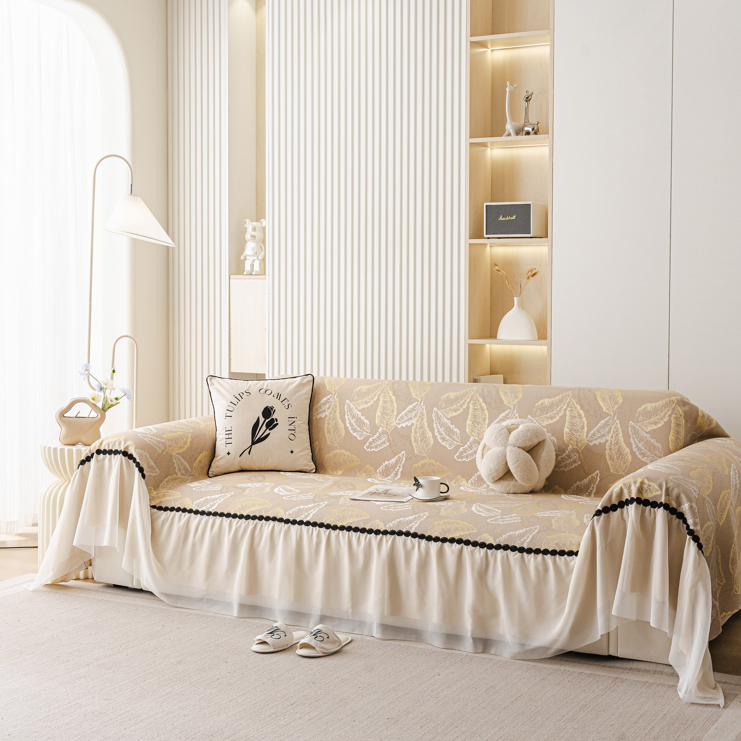 Leaf Jacquard Sofa Cover with Ruffle Skirt – Non-Slip Couch Protector with Sheer Hem