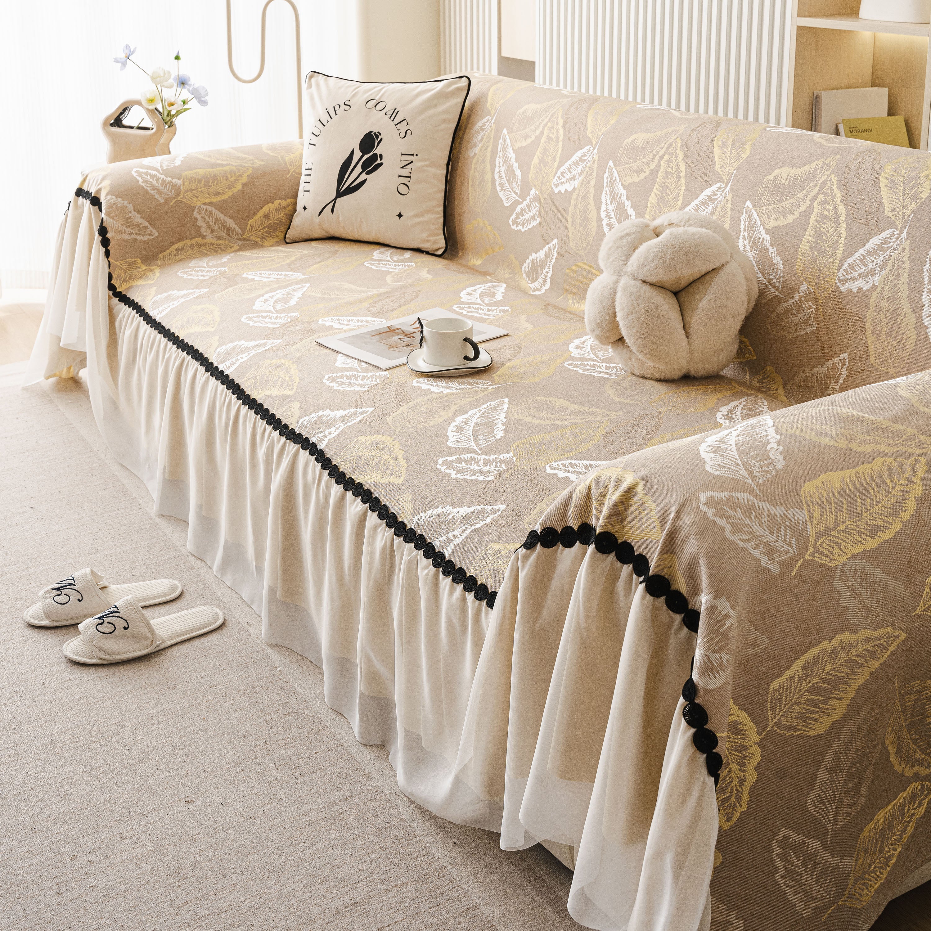Leaf Jacquard Sofa Cover with Ruffle Skirt – Non-Slip Couch Protector with Sheer Hem