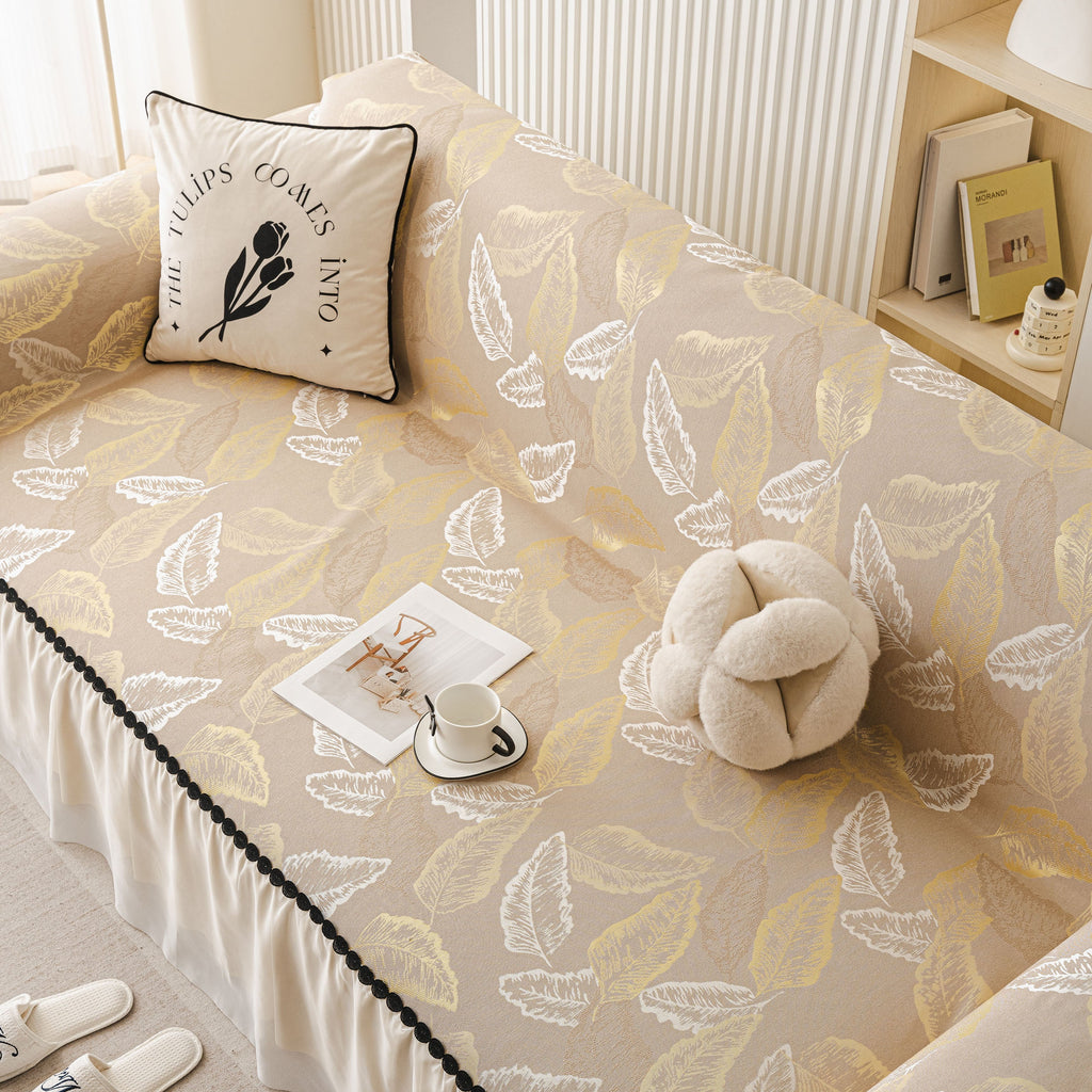 Leaf Jacquard Sofa Cover with Ruffle Skirt – Non-Slip Couch Protector with Sheer Hem