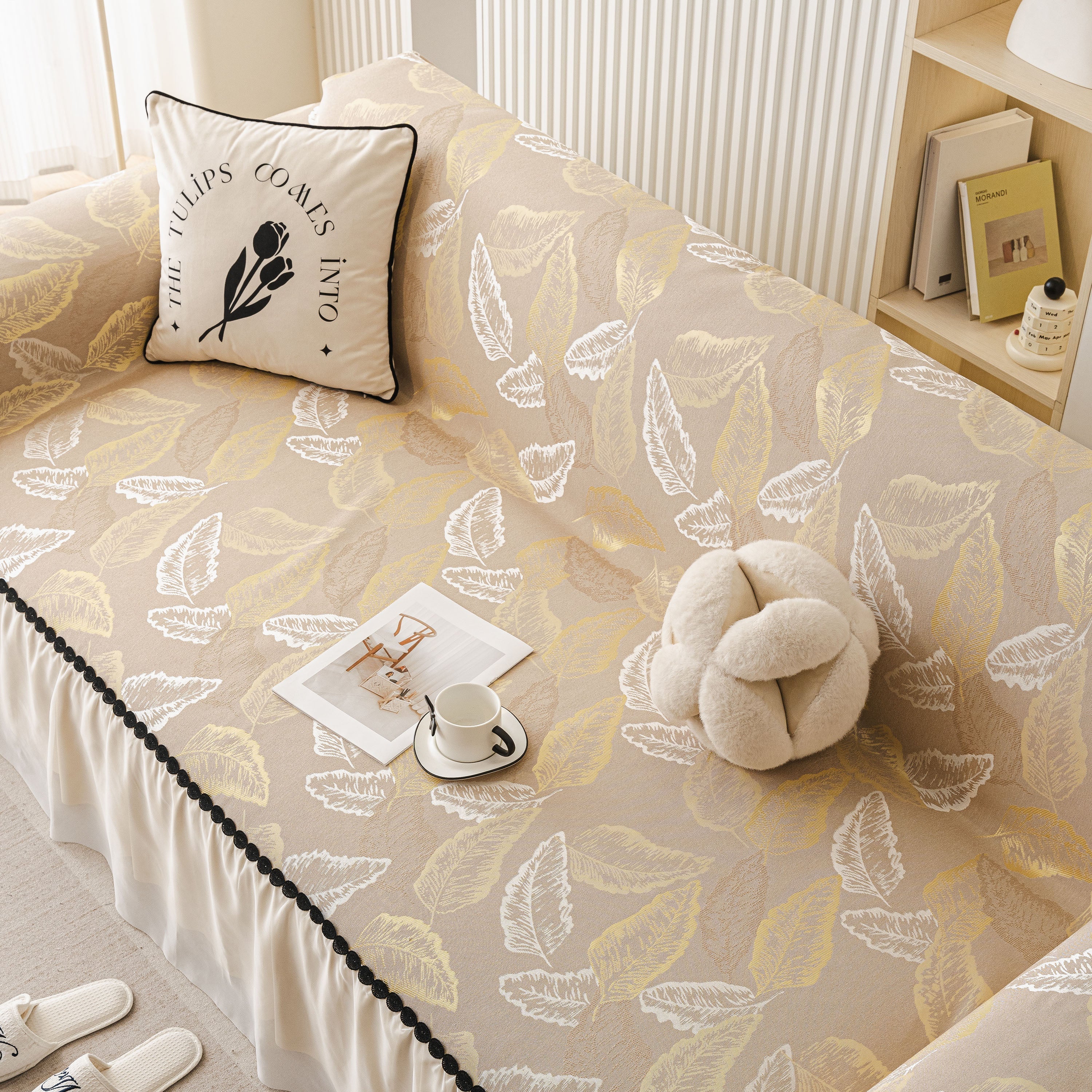 Leaf Jacquard Sofa Cover with Ruffle Skirt – Non-Slip Couch Protector with Sheer Hem