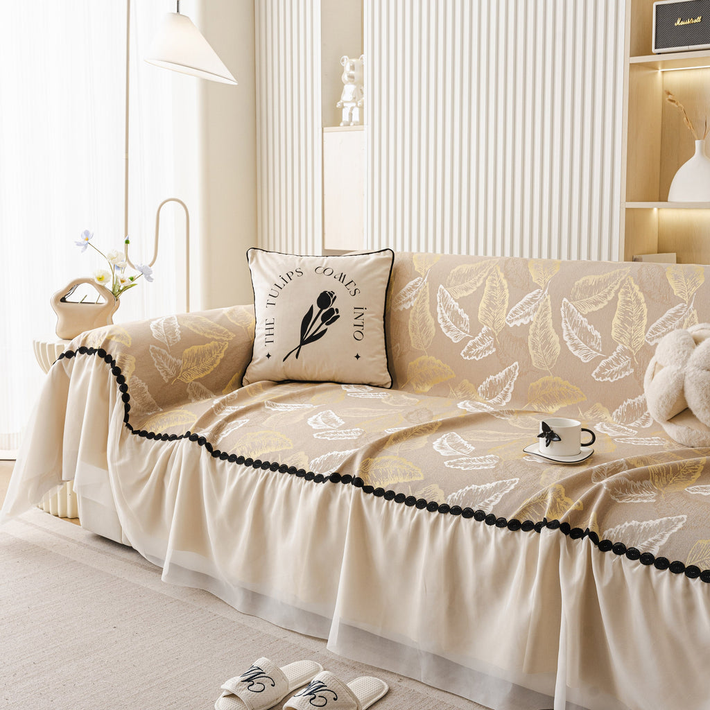 Leaf Jacquard Sofa Cover with Ruffle Skirt – Non-Slip Couch Protector with Sheer Hem