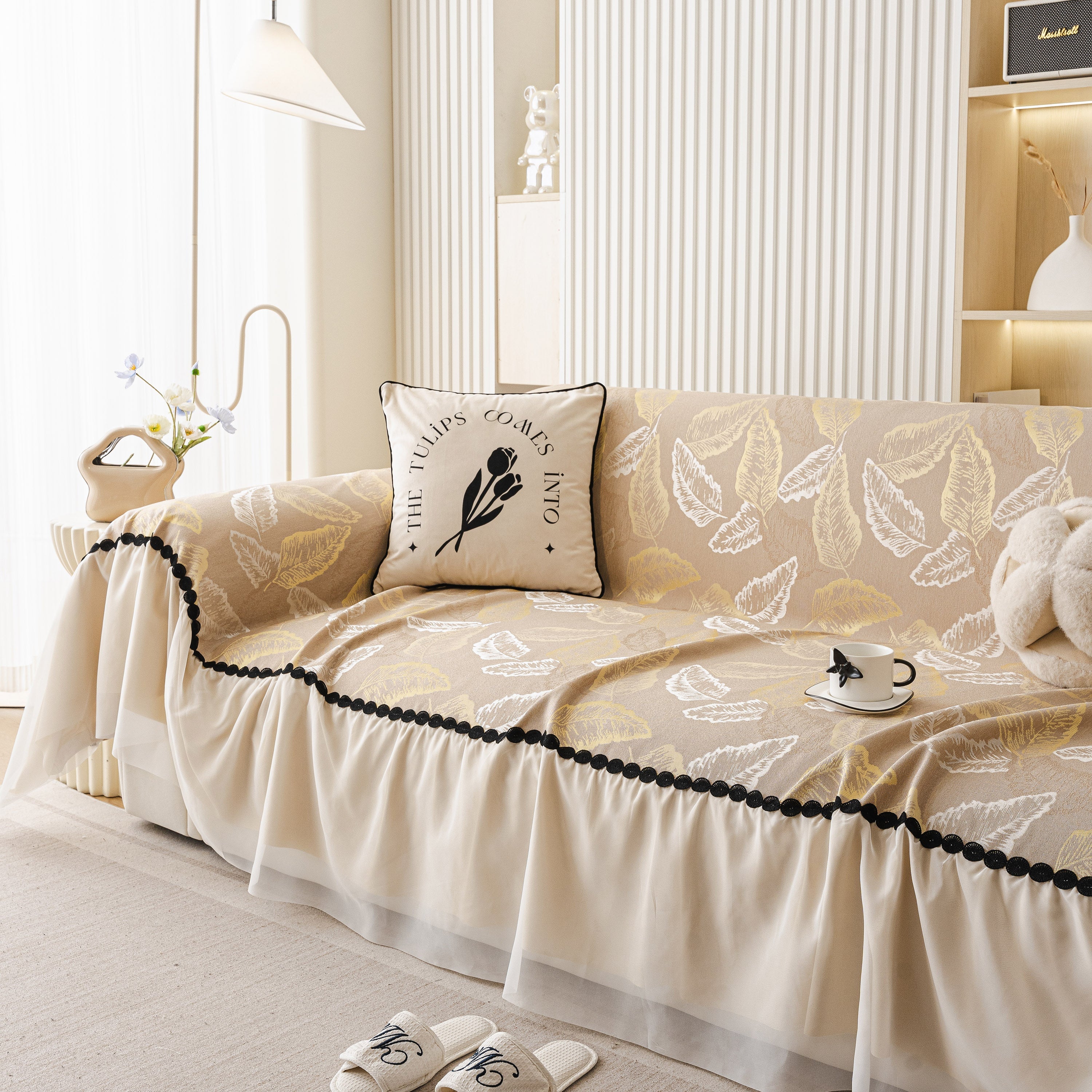 Leaf Jacquard Sofa Cover with Ruffle Skirt – Non-Slip Couch Protector with Sheer Hem