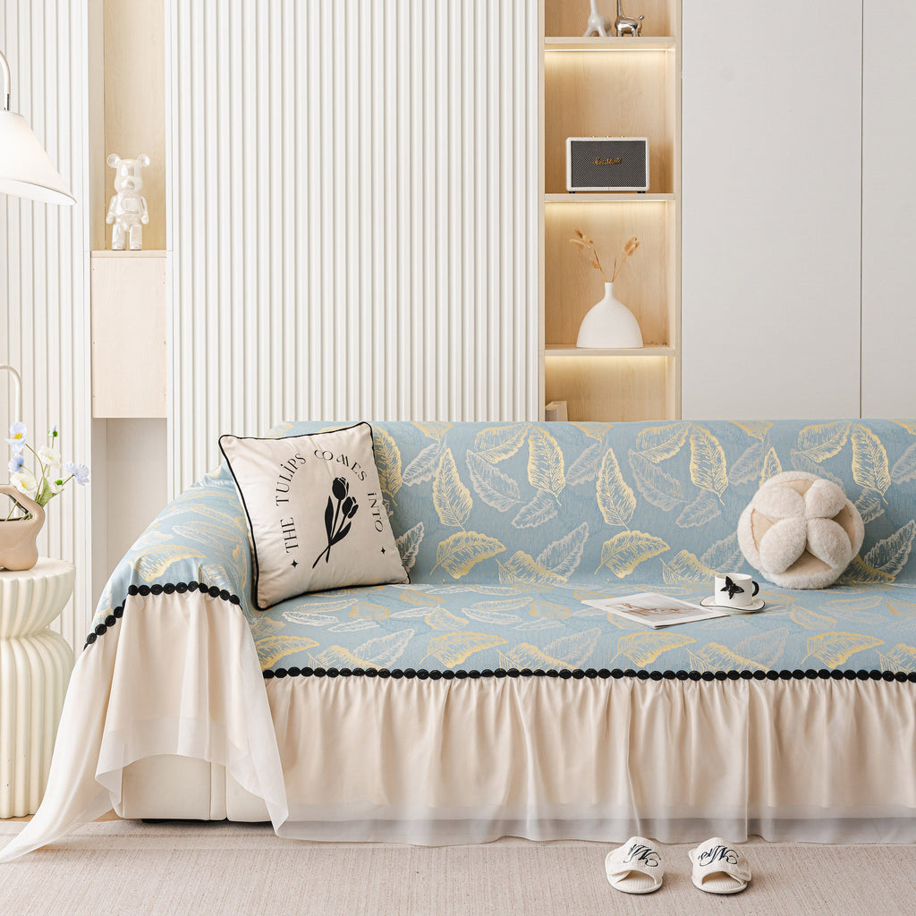 Leaf Jacquard Sofa Cover with Ruffle Skirt – Non-Slip Couch Protector with Sheer Hem