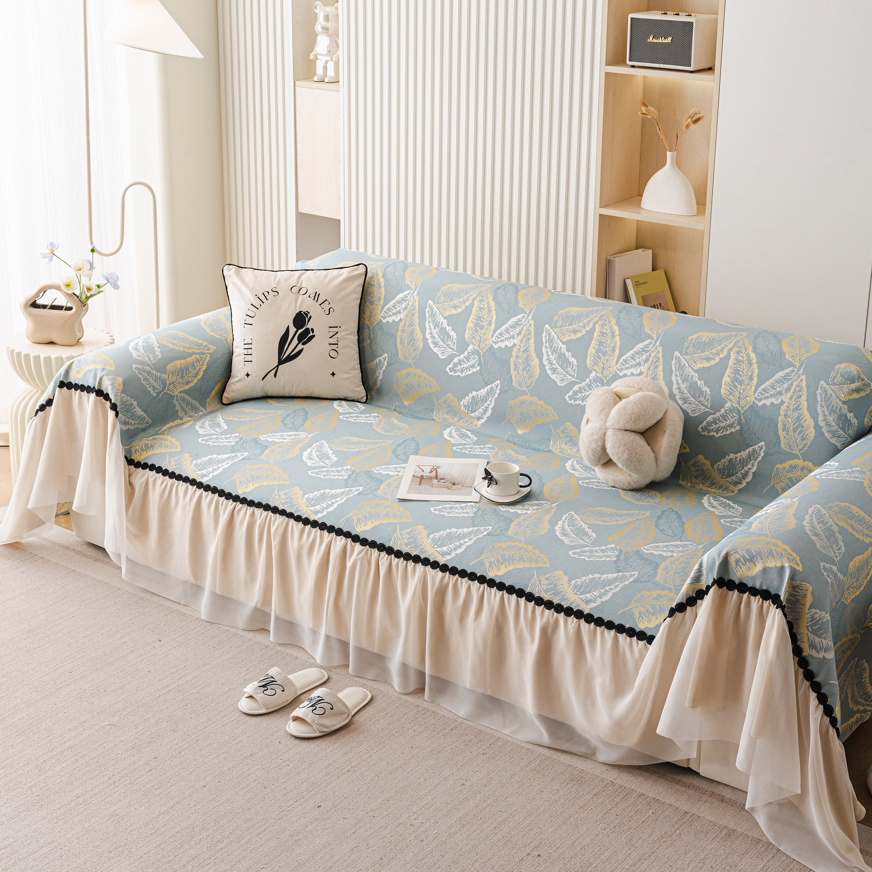 Leaf Jacquard Sofa Cover with Ruffle Skirt – Non-Slip Couch Protector with Sheer Hem