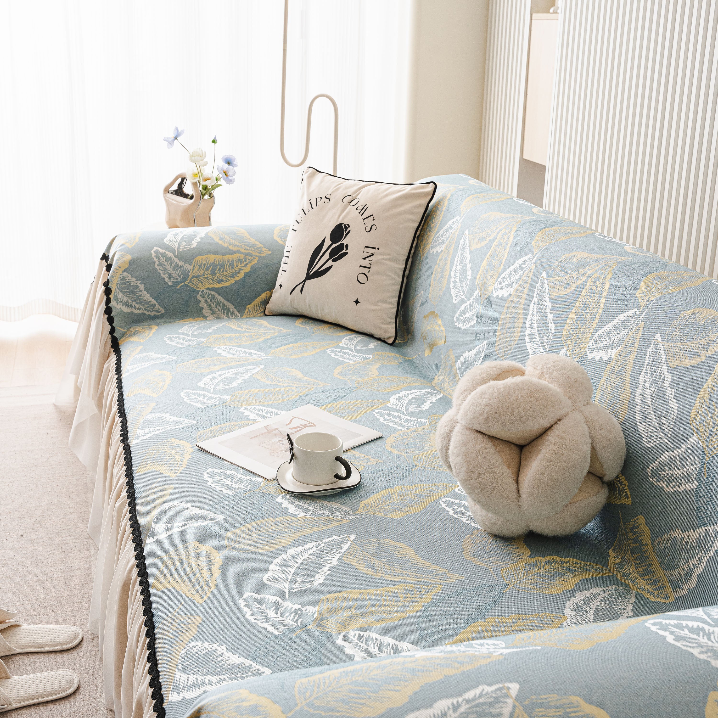 Leaf Jacquard Sofa Cover with Ruffle Skirt – Non-Slip Couch Protector with Sheer Hem