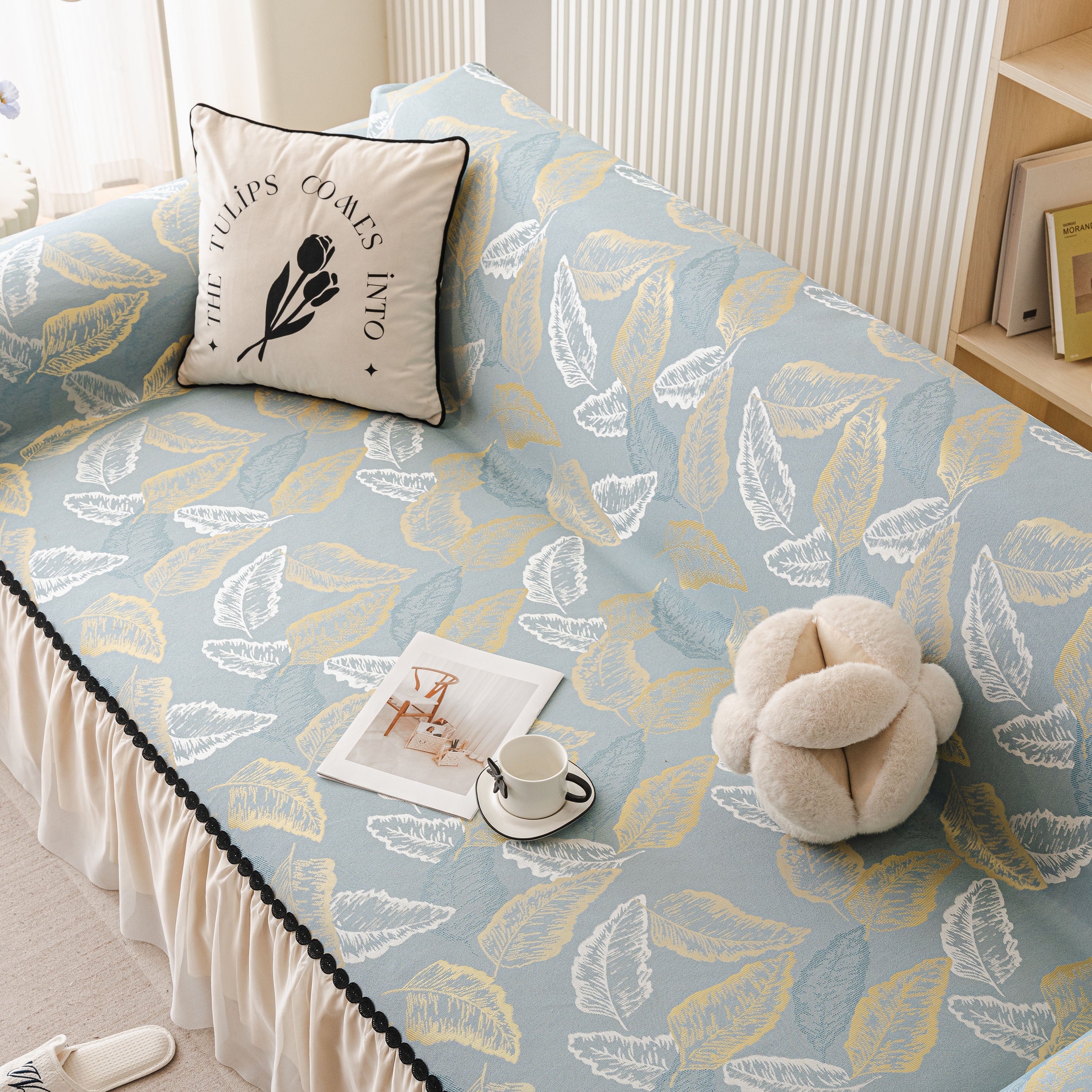 Leaf Jacquard Sofa Cover with Ruffle Skirt – Non-Slip Couch Protector with Sheer Hem