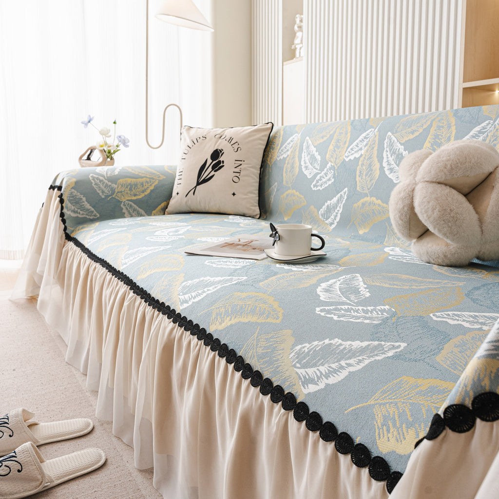 Leaf Jacquard Sofa Cover with Ruffle Skirt – Non-Slip Couch Protector with Sheer Hem